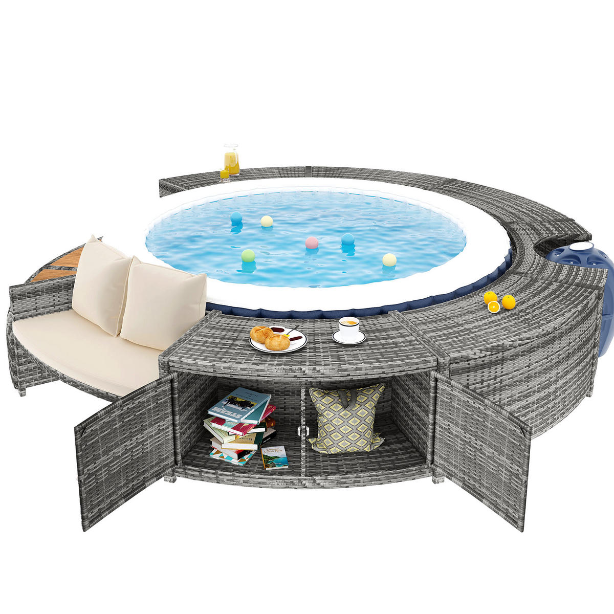 GARTEN Lounge Set mit runder Couch für Whirlpool oder Poolbereich mit verstellbaren Füßen und Kissen Terrasse Garten - Grau, Metall