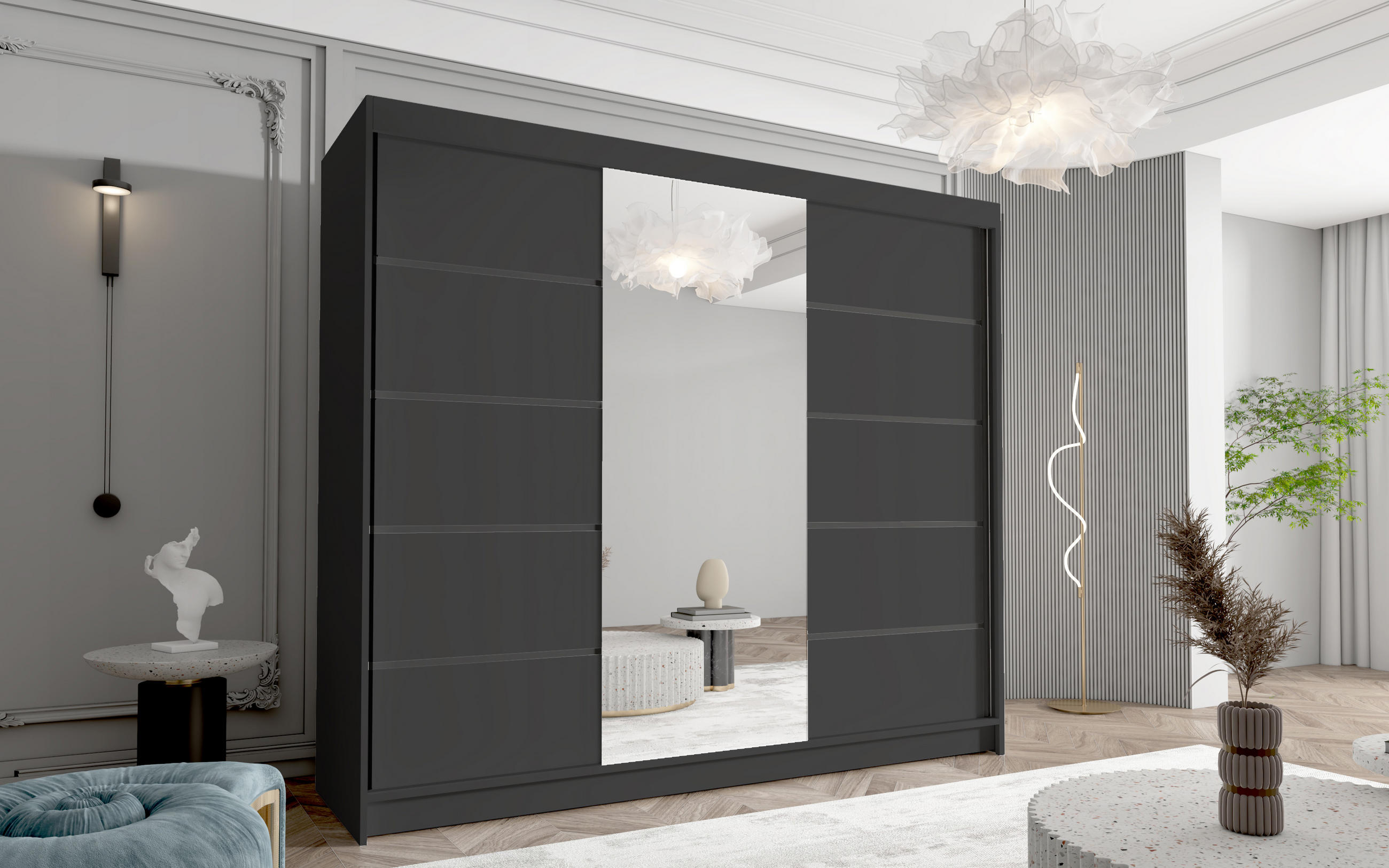 SCHWEBETÜRENSCHRANK Davos VI - 250 cm - Schwarz, Holzwerkstoff/Metall (250/215/58cm) - Sofnet