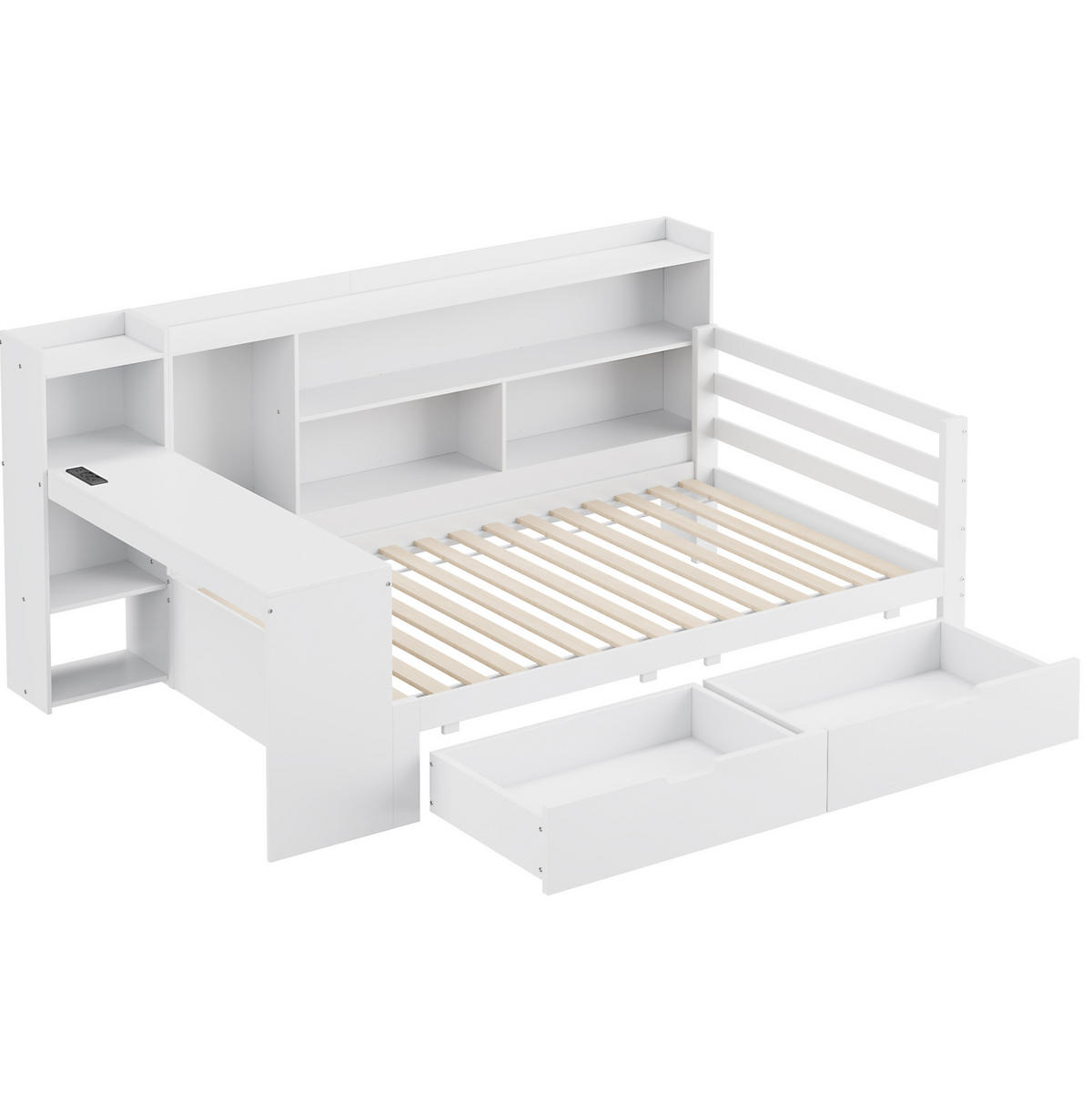 BETT 90/200 cm Weiß aus Massivholz mit Schreibtisch und Stauraum - Weiß, Holzwerkstoff (90/200cm) - Flora Grace