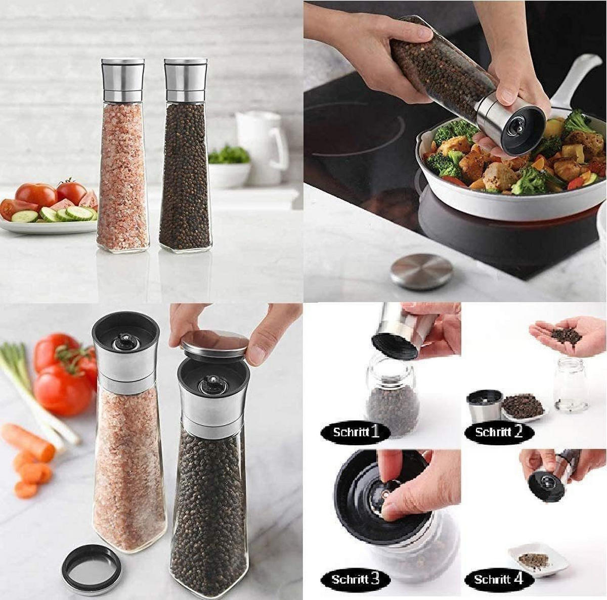 GEWÜRZMÜHLEN SET -Trudeau 2er- Salz- & Pfeffermühle Glas, nachfüllbare Salzmühle Gewürzmühle, Salzstreuer Pfefferstreuer, Gewürze, Salz - Transparent, Glas/Metall (6/19/6cm) - JUNG