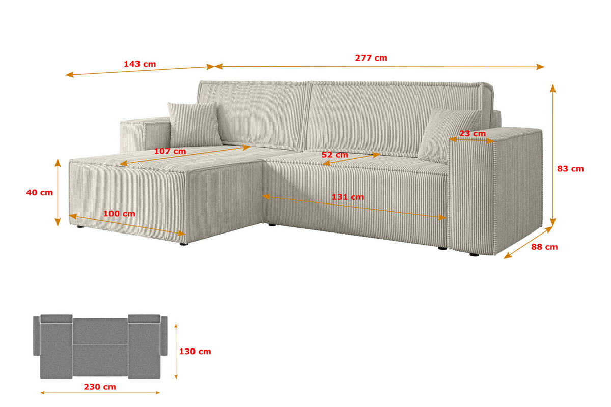 ECKSOFA mit Schlaffunktion und Bettkasten CELTIC-XL - 277x143x83 cm Hellgrau Cord - Hellgrau/Schwarz, Holzwerkstoff/Kunststoff (277/143cm) - ALTDECOR