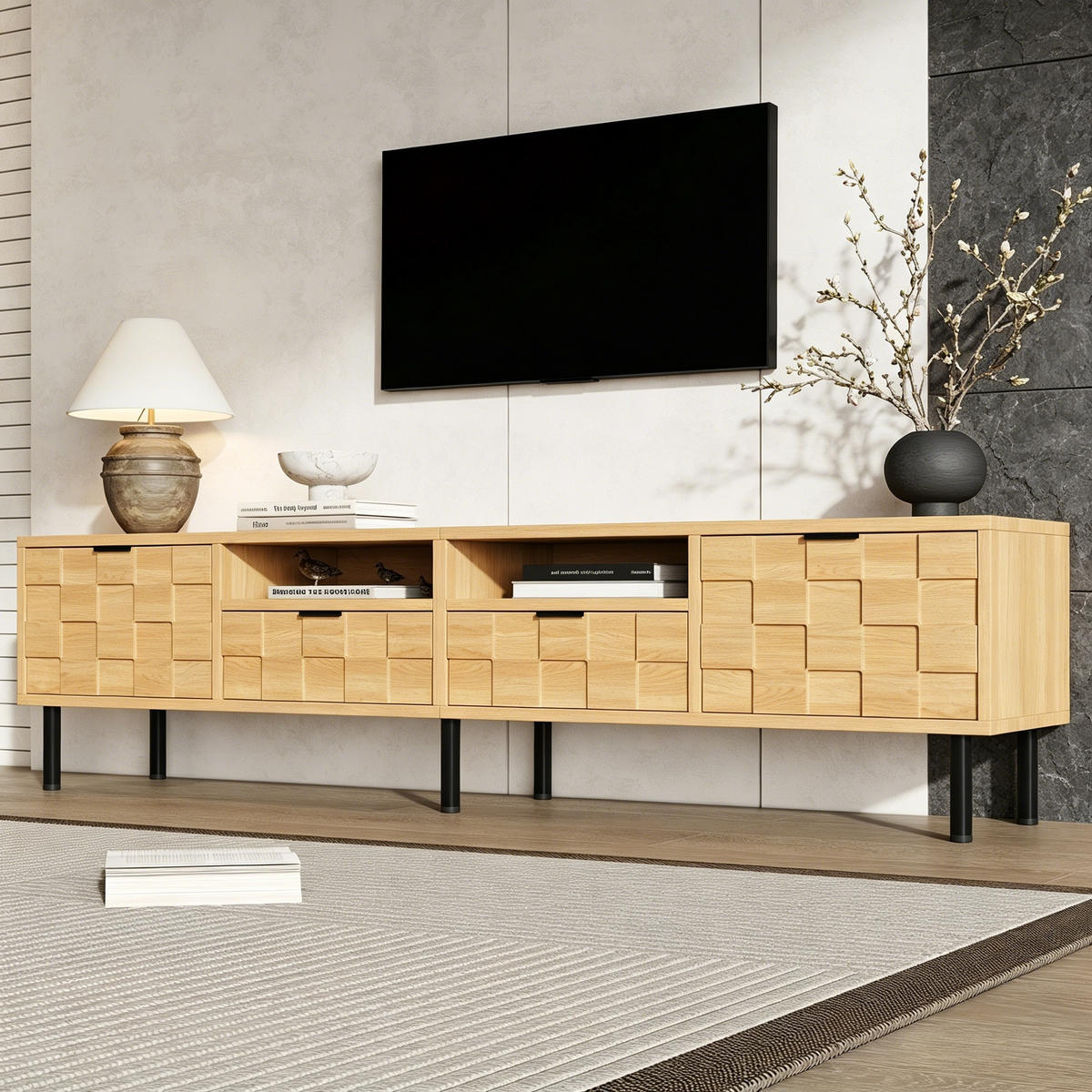 TV STOLEK v přírodní barvě se 2 zásuvkami a 2 otočnými dvířky do obývacího pokoje, 200×35×44,5 cm - přírodní/černá, kompozitní dřevo (200/44.5/35cm) - STILVORA