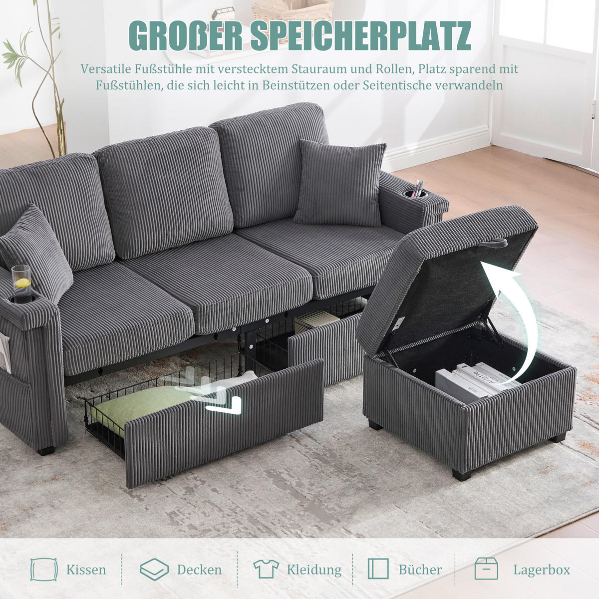 ECKSOFA 194/73/81 cm Dunkelgrau mit LED-Beleuchtung, Stauraum-Fußteil, 2 Schubladen, Getränkehaltern und Seitentaschen - Dunkelgrau, Textil (194/73cm) - Oxeza