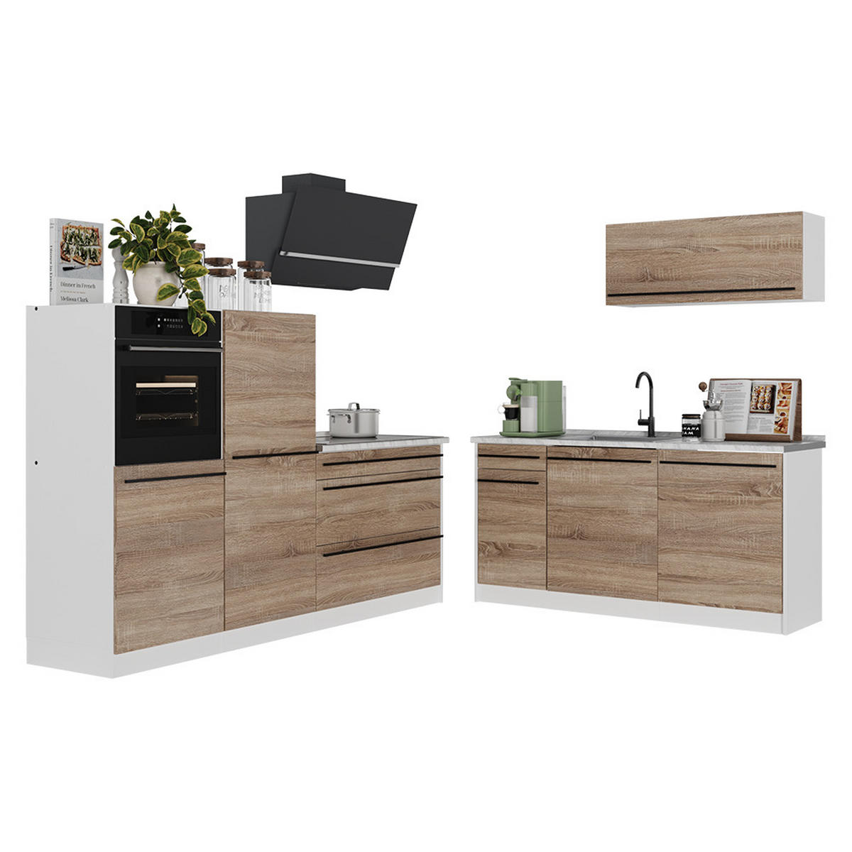 KÜCHENZEILE R-Line, Sonoma/Weiß, 220 cm ohne Arbeitsplatte - Weiß/Sonoma Eiche, Holzwerkstoff (220/143/46cm) - Vicco