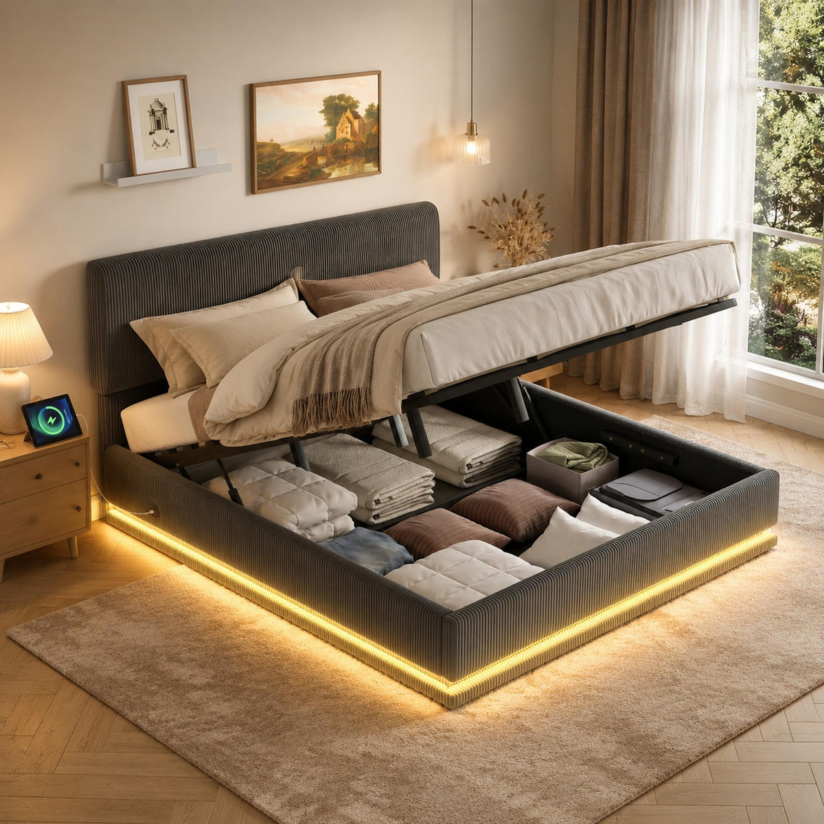POLSTERBETT 160/200 mit LED, USB-C und Stauraum in Grau - Grau, Holzwerkstoff/Textil (160/200cm) - EVRYAE