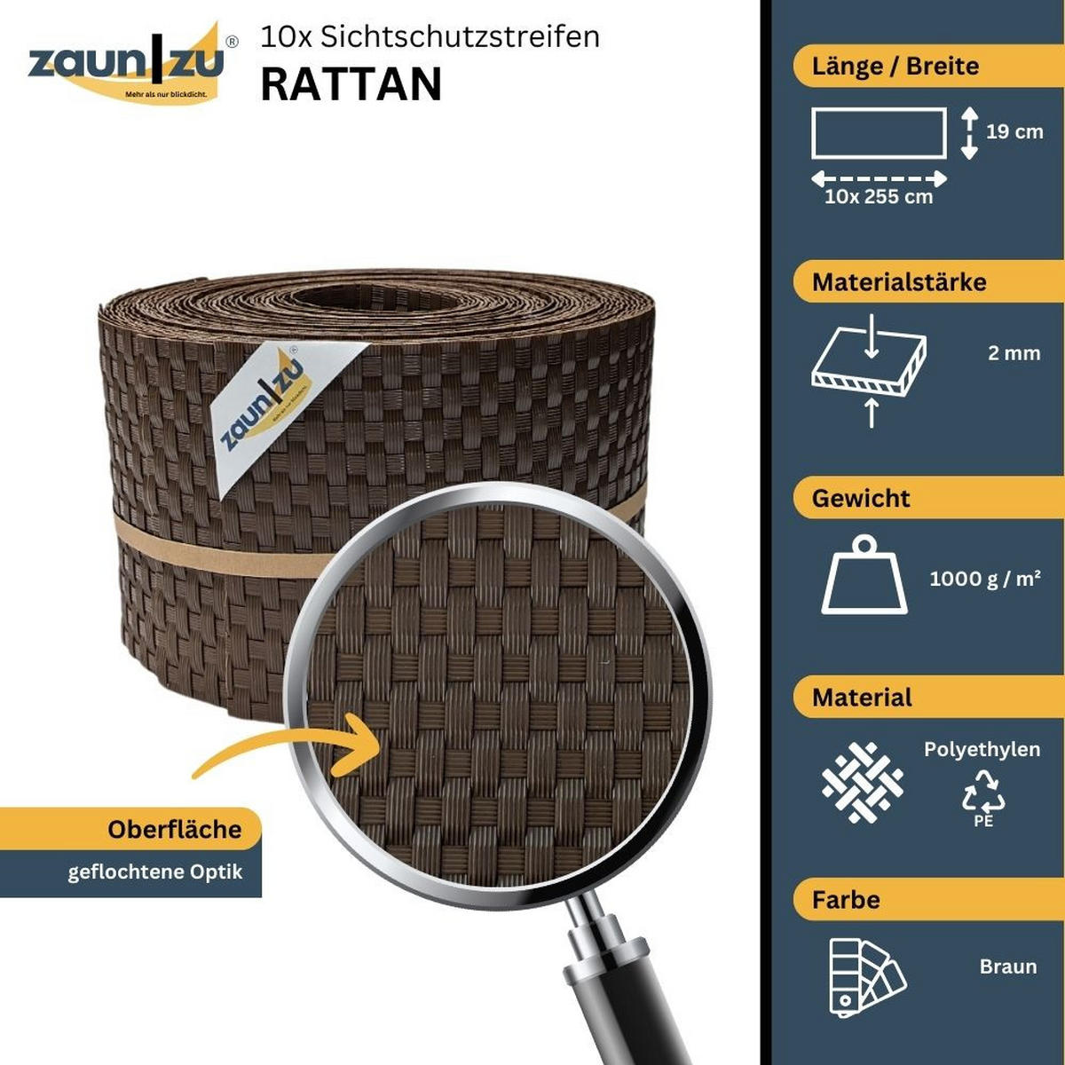 SICHTSCHUTZSTREIFEN Rattan für Doppelstabmatten UV-beständig Braun 10x 2,55m - Braun, Kunststoff (2550/19cm) - ZAUN|ZU