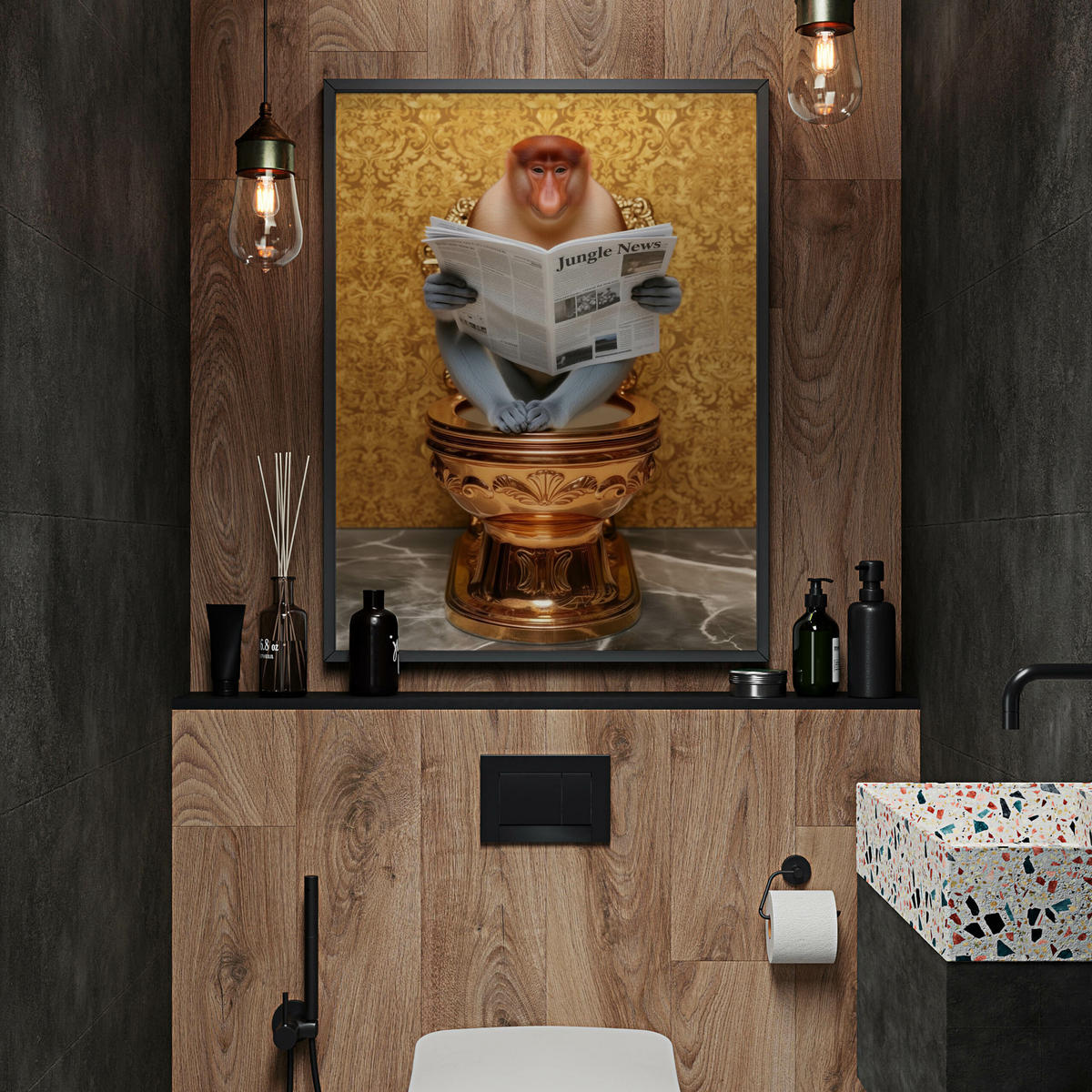 POSTER für WC Badezimmer NASENAFFE mit Zeitung Goldene Toilette Abstraktion 20x30cm - Beige/Orange, Papier (20/30/30cm) - Muralo