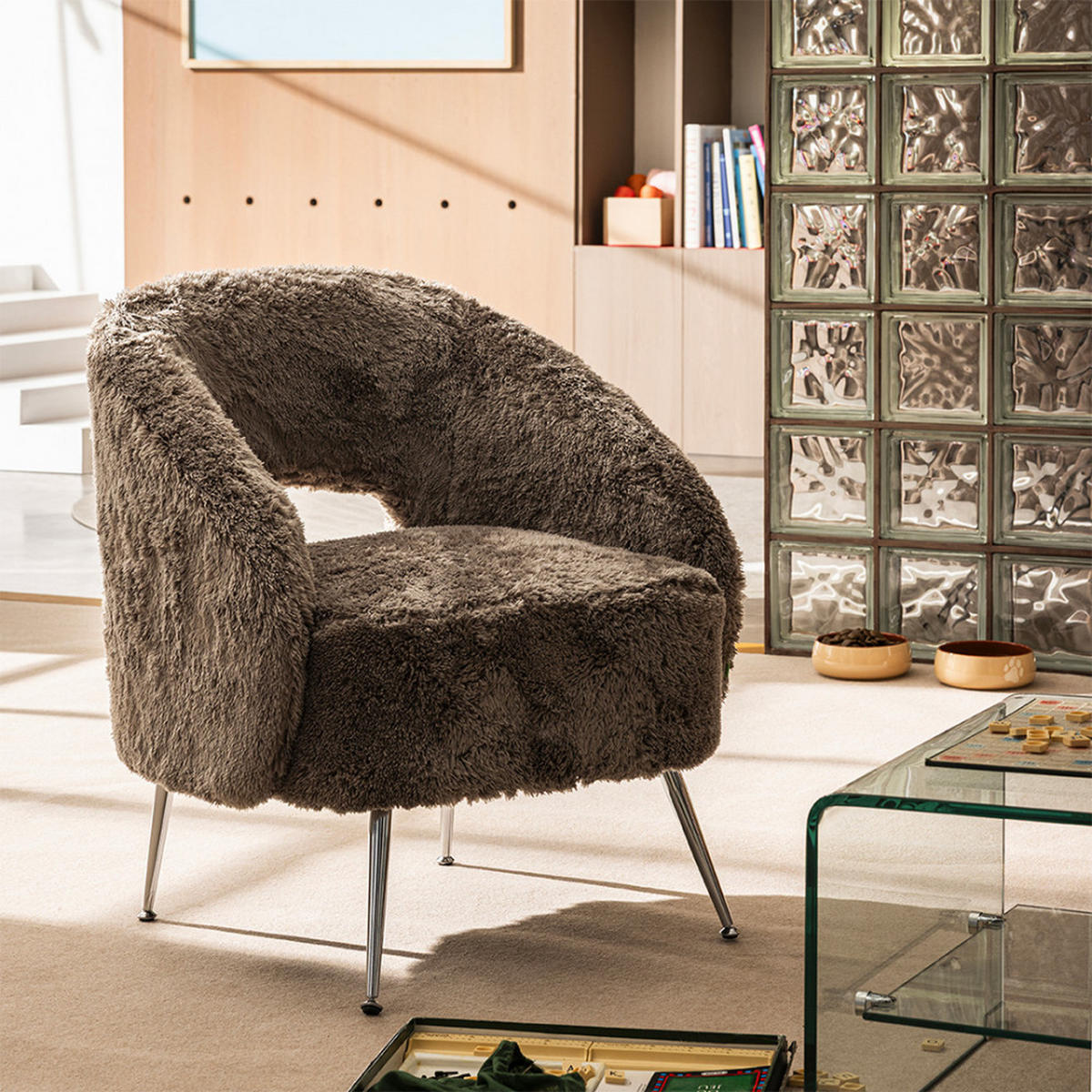 SESSEL mit Kunstpelzbezug und Chromfüßen - Verno - Mol - Graubraun, Naturmaterialien (65/73/65cm) - Drawer