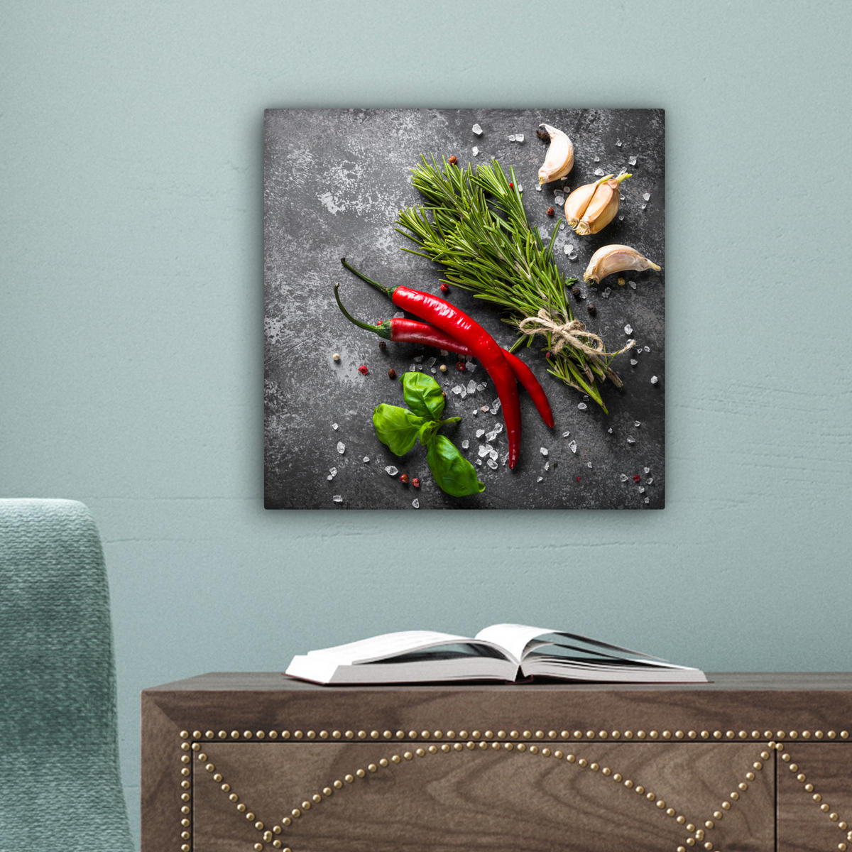 LEINWANDBILD Pfeffer - Kräuter - Gewürze - Beton Deko Wohnzimmer 20x20 cm - Dunkelgrau, Textil (20/20cm) - MuchoWow