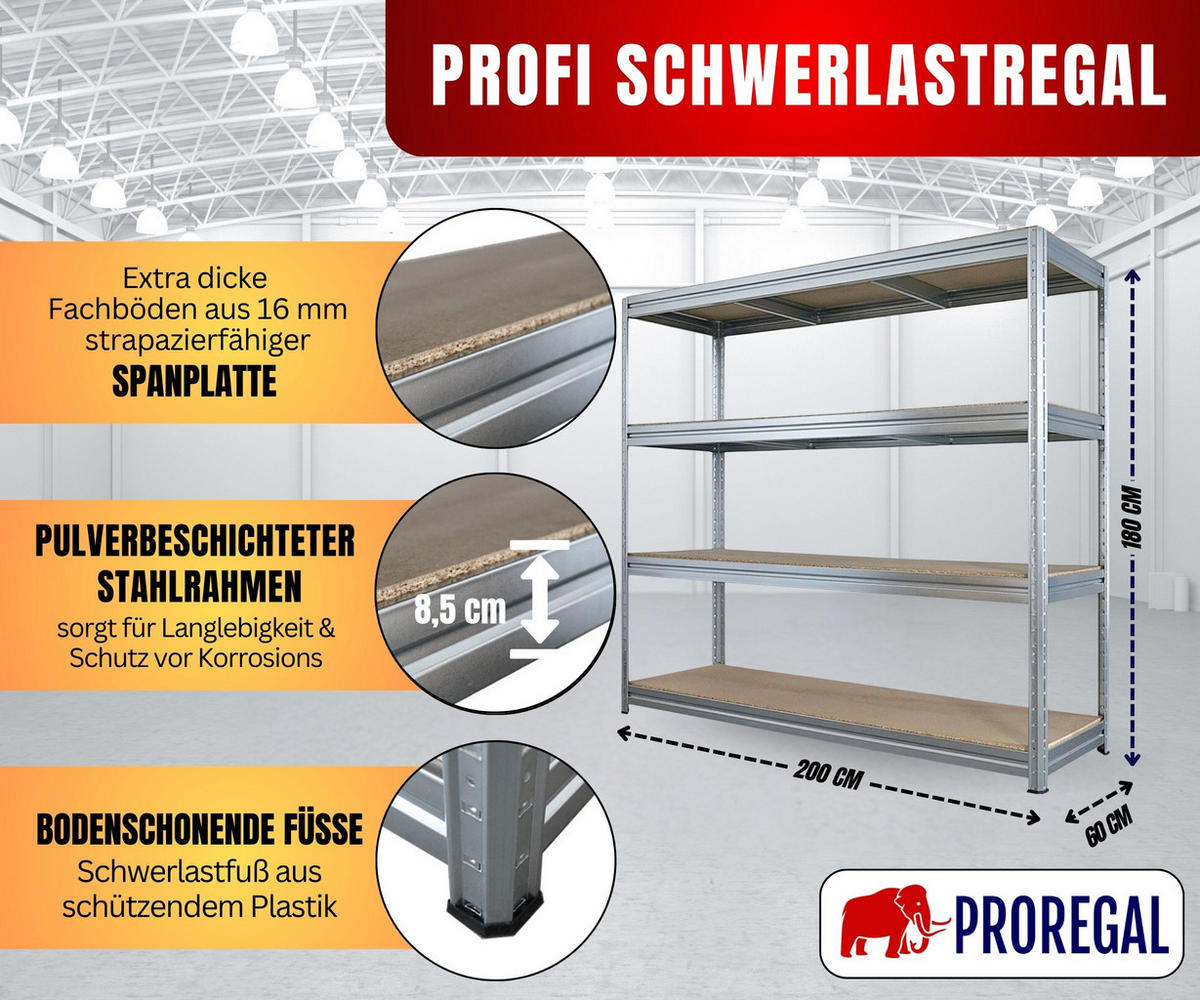 SCHWERLASTREGAL Dino 180x200x60cm Spanplatten-Ebenen Verzinkt - Silberfarben, Metall (200/180/60cm) - PROREGAL