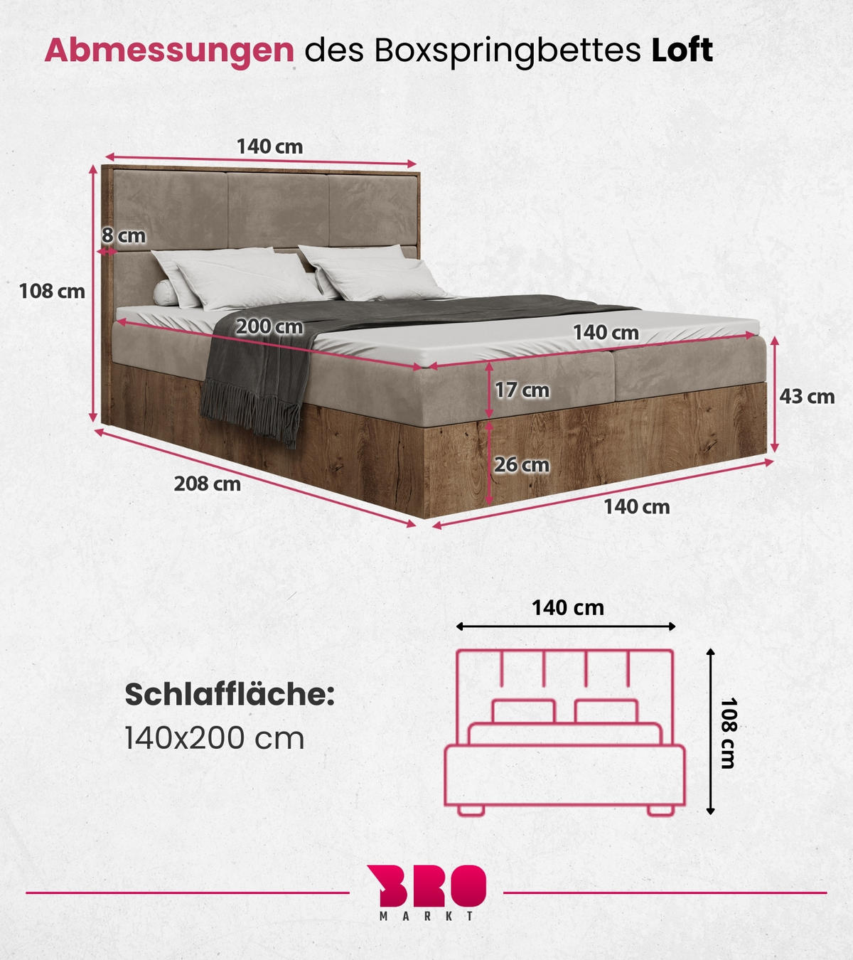 BOXBETT Loft mit Topper 140/200 Braun - Graubraun, Holzwerkstoff/Textil (140/200cm) - Bromarkt