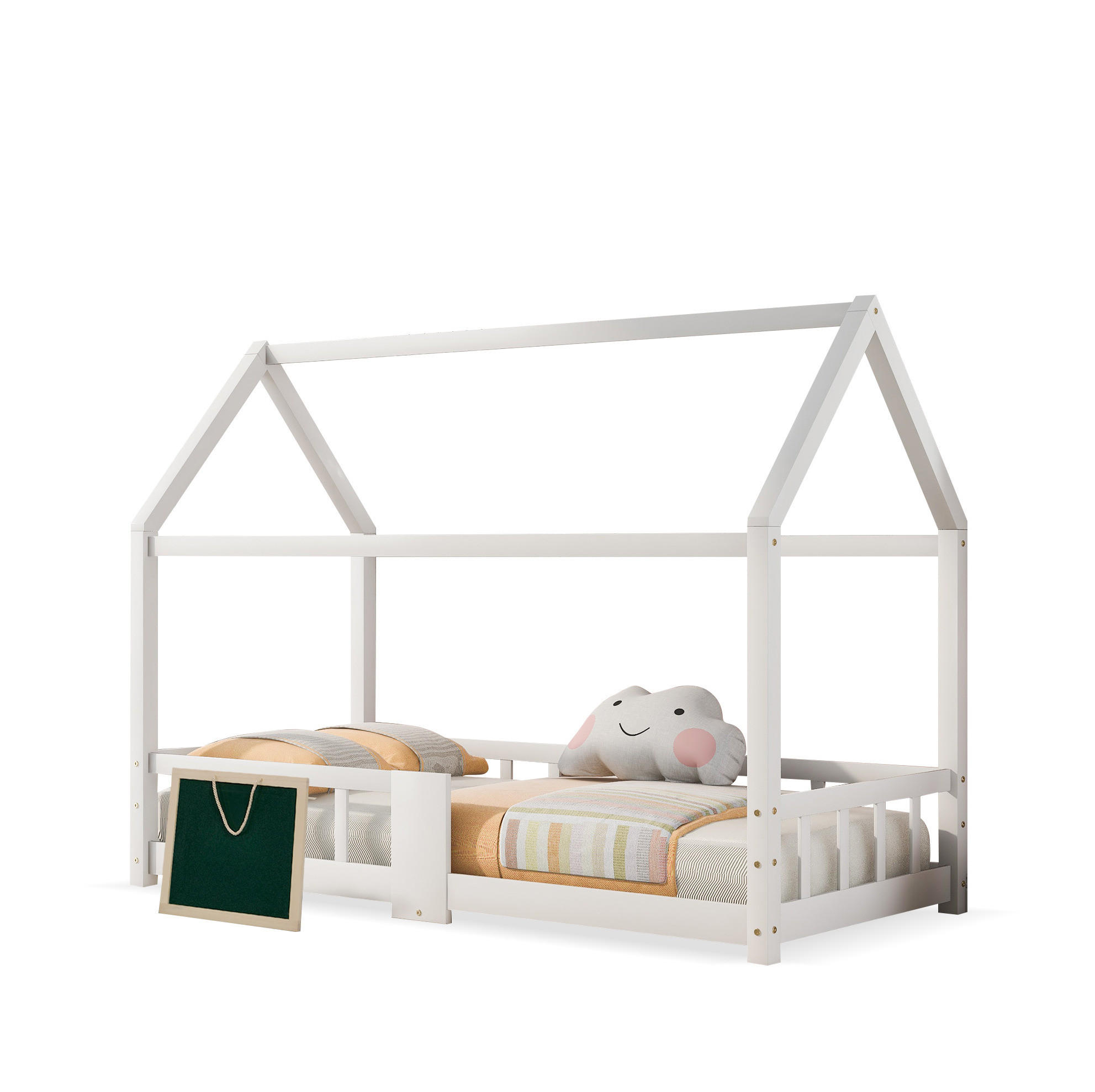 HAUSBETT 90/200 cm Weiß aus Kiefernholz mit Tafel und Rausfallschutz - Weiß, Holz (90/200cm) - OKMYHOME