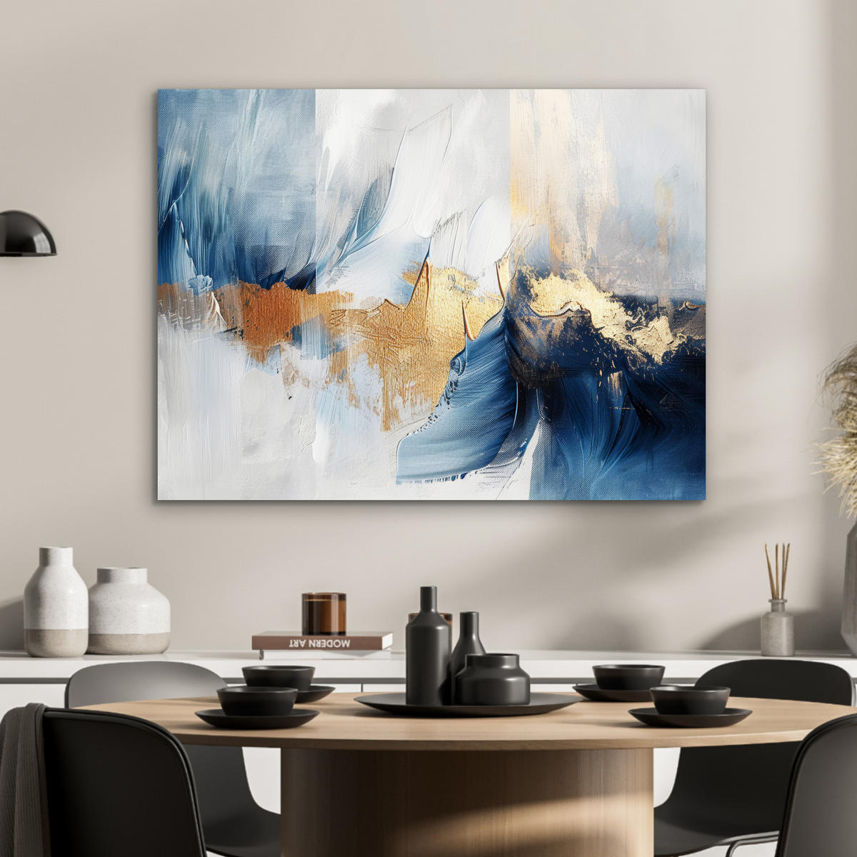 KOVOVÝ OBRAZ Zlatá - modrá - akvarel - umenie - moderné 80x60 cm - svetlomodrá, kov (80/60cm) - MuchoWow