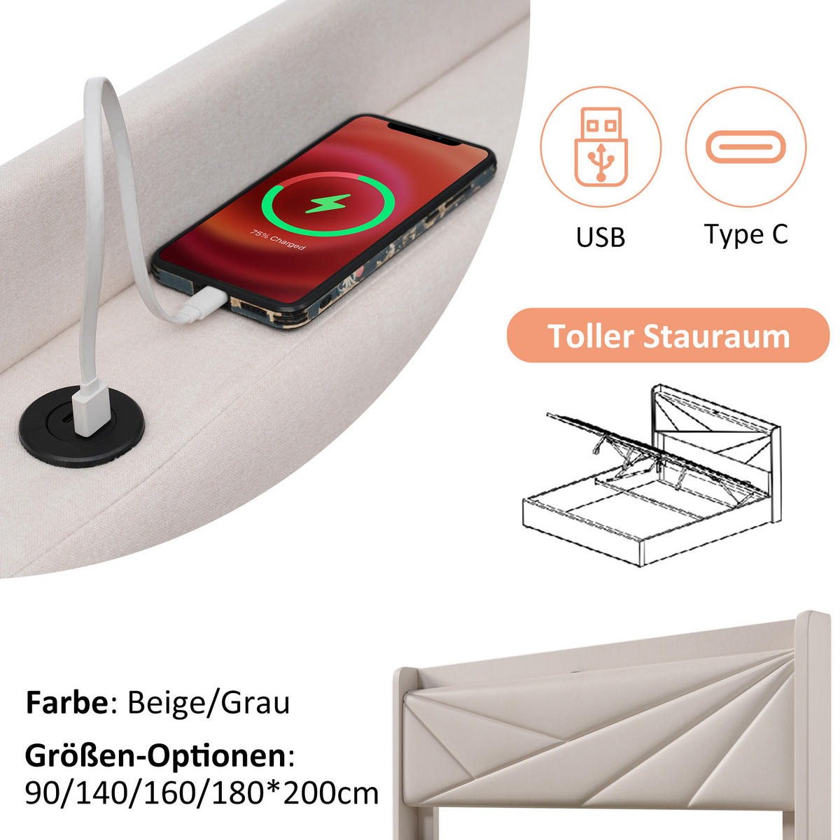 POLSTERBETT 140/200 cm mit Bettkasten, USB-C und gepolstertem Kopfteil - Beige, Textil (140/200cm) - BEAOK