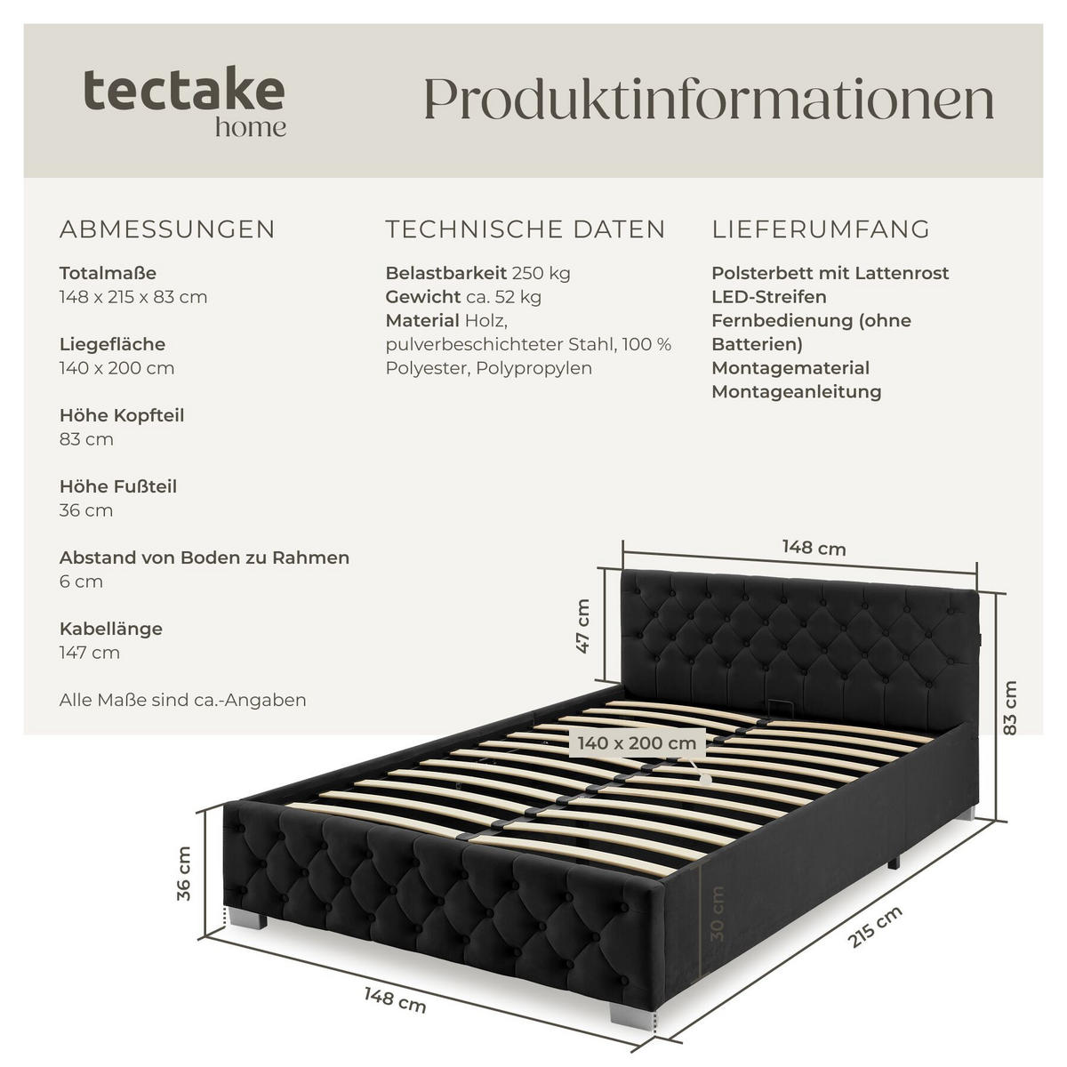 POLSTERBETT Venice, großer Stauraum, Samtoptik schwarz - Schwarz/Samtahornfarben, Holz (140/200cm) - tectake