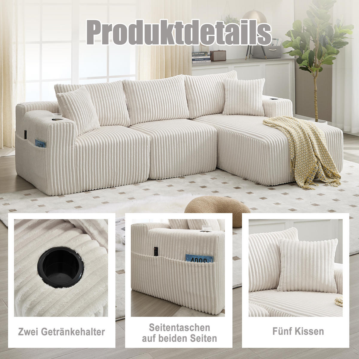 MODULARES Sofa Cord mit Chaiselongue und 2-Sitzer 257/90-160/62 cm Beige - Beige, Textil (160/257cm) - Redom