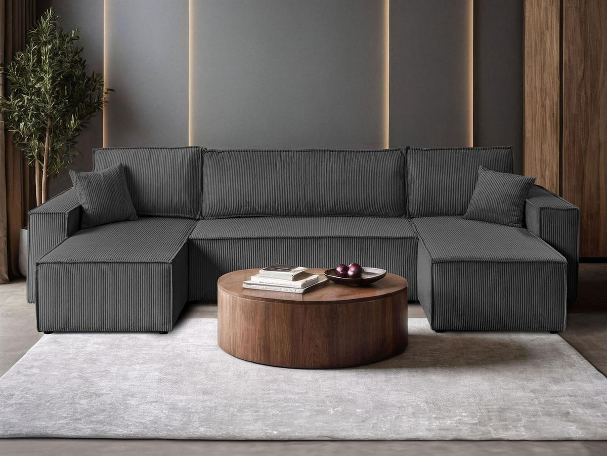 WOHNLANDSCHAFT Gepolstertes CARLO U Cord mit Schlaffunktion und Bettkasten, Poso 34 - Dunkelgrün, Textil (315/83/143cm) - Lookway