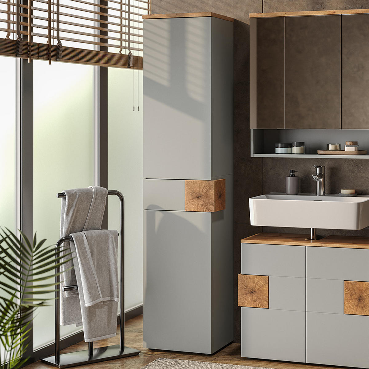 HOCHSCHRANK Eden Grau/Artisan 40 x 184.2 cm mit 2 Türen & 1 Schublade - Hellgrau/Grau, Holzwerkstoff (40/184.2/37cm) - Vicco