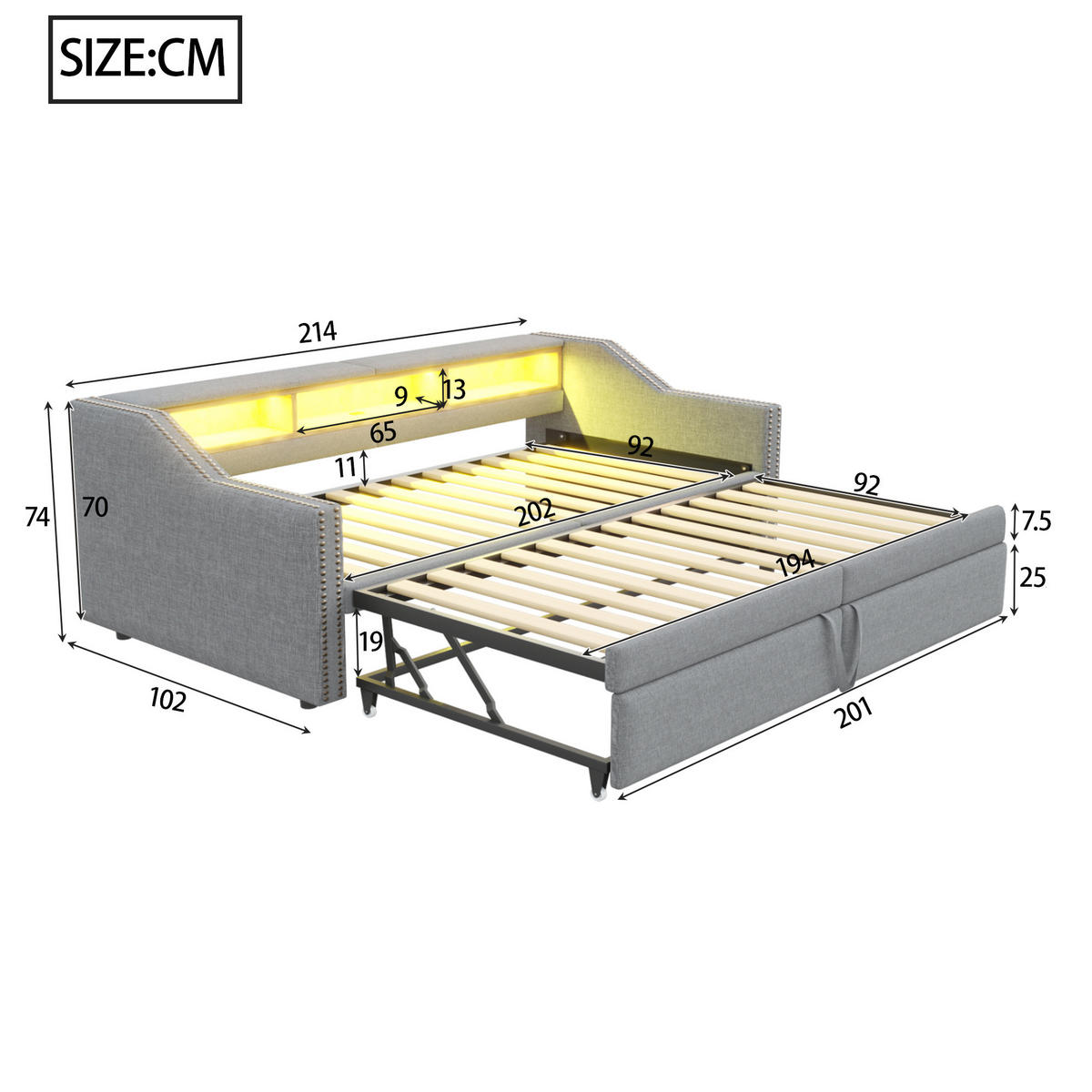 MULTIFUNKTIONSBETT 90/200 cm und 180/200 cm Hellgrau mit Ausziehbarem Schlafsofa und LED-Beleuchtung Mit Matratze - Hellgrau, Textil (90/200cm) - OKWISH