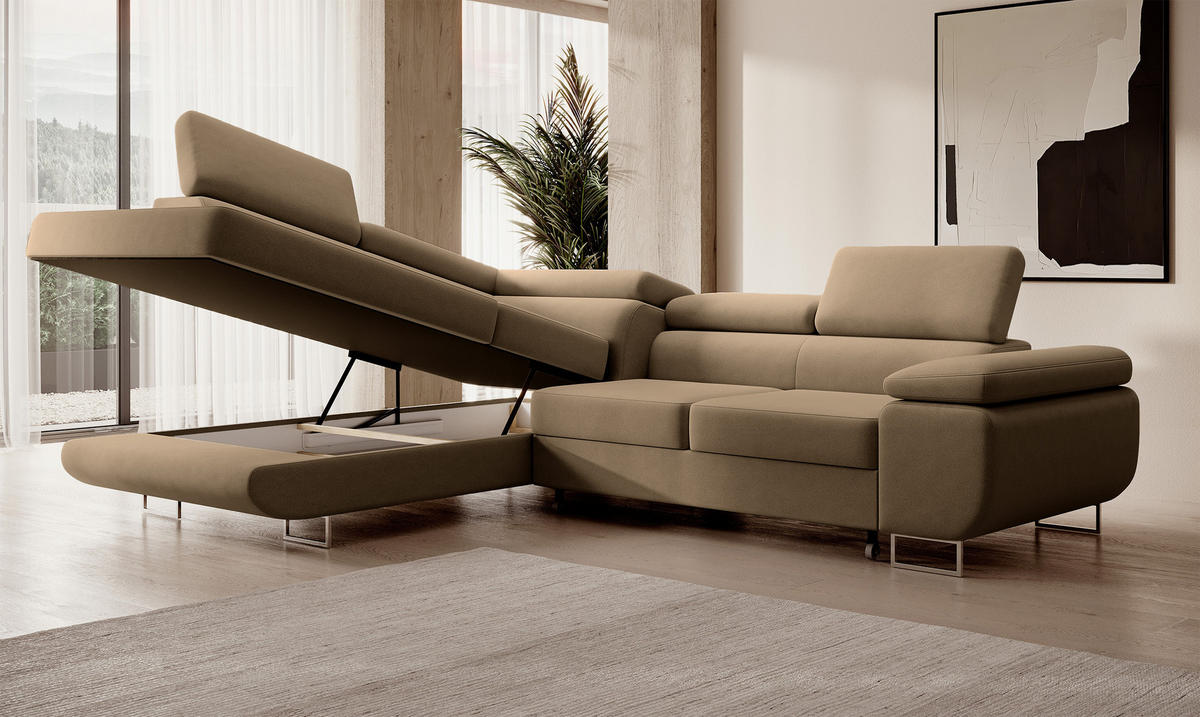 ECKSOFA Stevil Beige Velours - Beige/Silberfarben, Textil/Metall (275/203cm) - Selsey