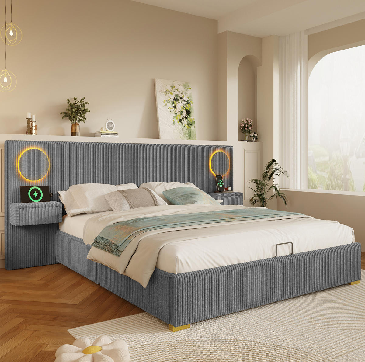 POLSTERBETT 180x200 cm in Grau mit LED-Kopfteil, USB-Anschlüssen und Stauraum - Grau, Textil (180/200cm) - IVMEU