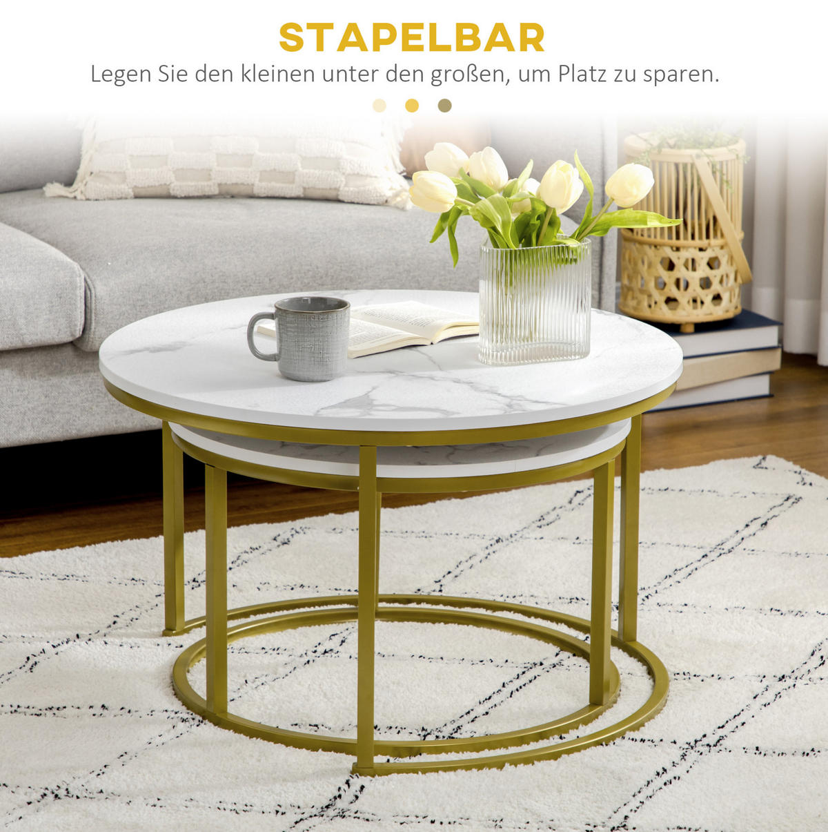 COUCHTISCH-SET Ø74/46,3 cm weiß mit stapelbarer 2er-Kombination aus Stahl und Spanholz - Weiß, Metall (74/74/46.3cm) - OKWISH