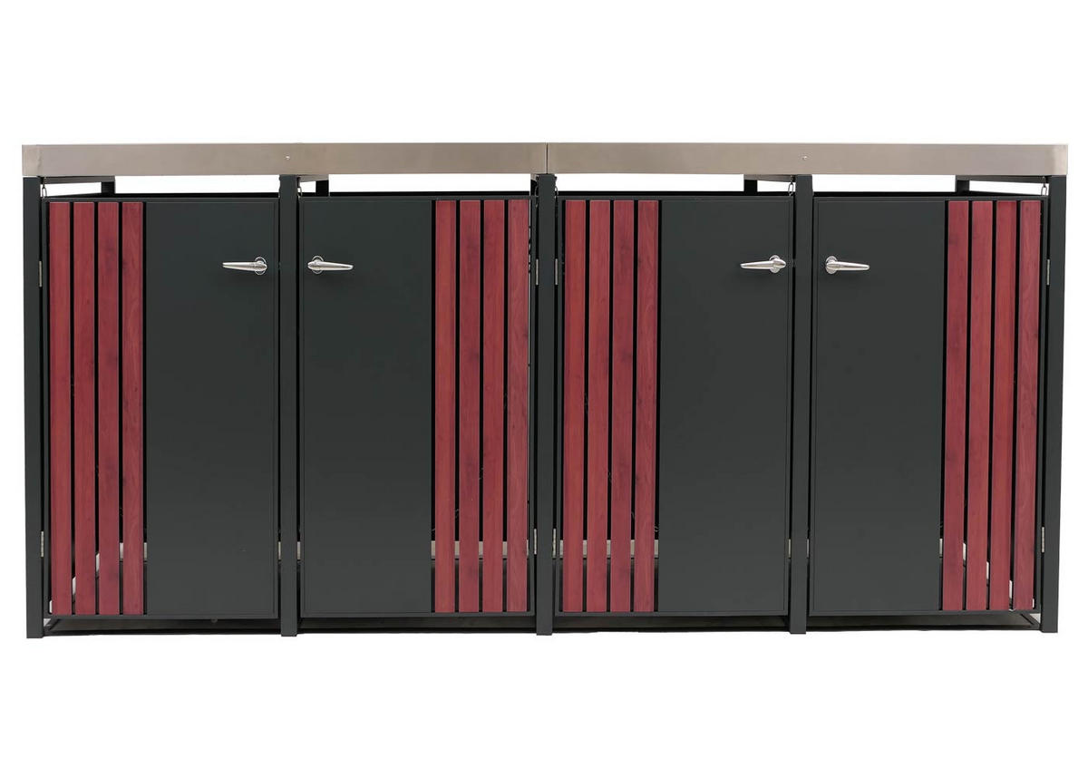 MÜLLTONNENBOX 4er mit Pflanzkasten HxBxT 125x260x84cm Anthrazit Holzoptik dunkel - Anthrazit, Metall (260/125/84cm) - PROREGAL