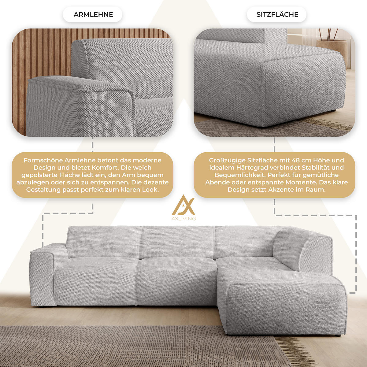 ECKSOFA L Form Didim Hellgrau 292/220/78 cm – großes Sofa stilvoll & bequem R - Hellgrau/Schwarz, Kunststoff/Textil (292/220cm) - AX Living
