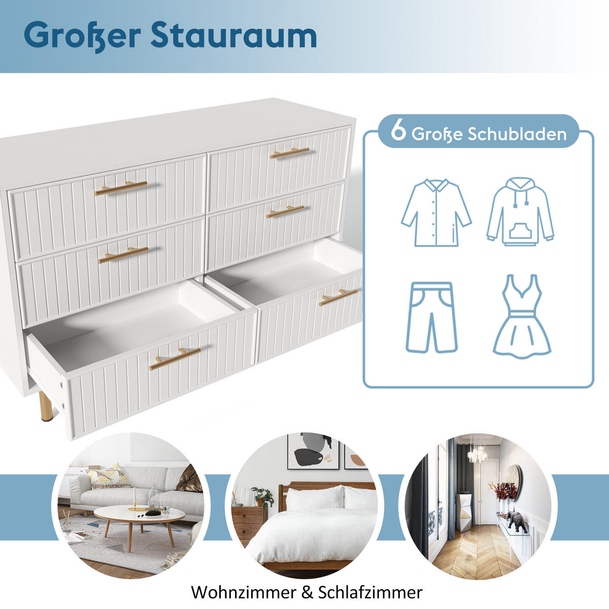 SIDEBOARD holzwerkstoff weiß mit geriffelter front & 6 schubladen - Weiß, Holzwerkstoff (120/40/75cm) - Urban Meuble