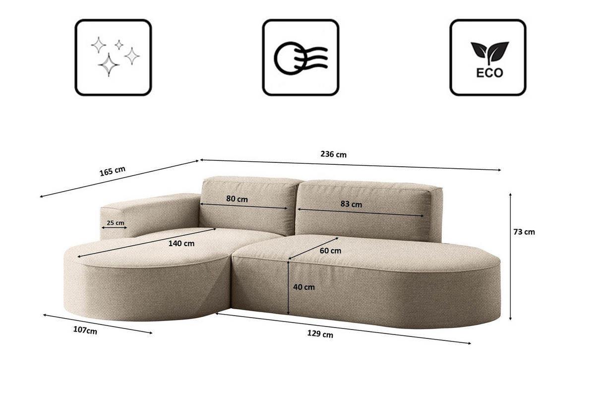 ECKSOFA Modena Studio Falten, Stoff Alpine, Toffee Links - Sandfarben, Holz (165/236cm) - Kaiser Möbel