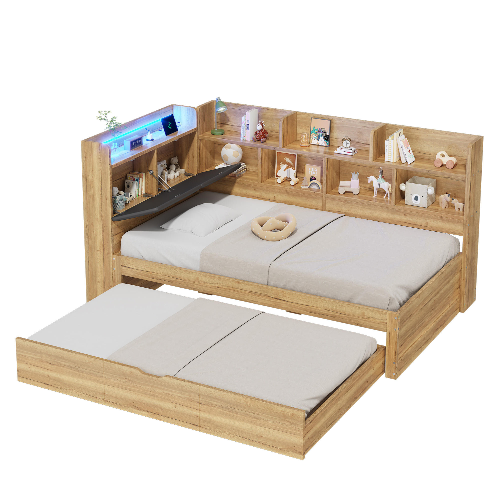 KINDERBETT aus MDF 90x200 cm Naturfarben mit Ausziehbett 90x190, LED-Beleuchtung, USB- und Type-C-Anschlüssen, Stauraum - Naturfarben, Holzwerkstoff (90/200cm) - Modfu