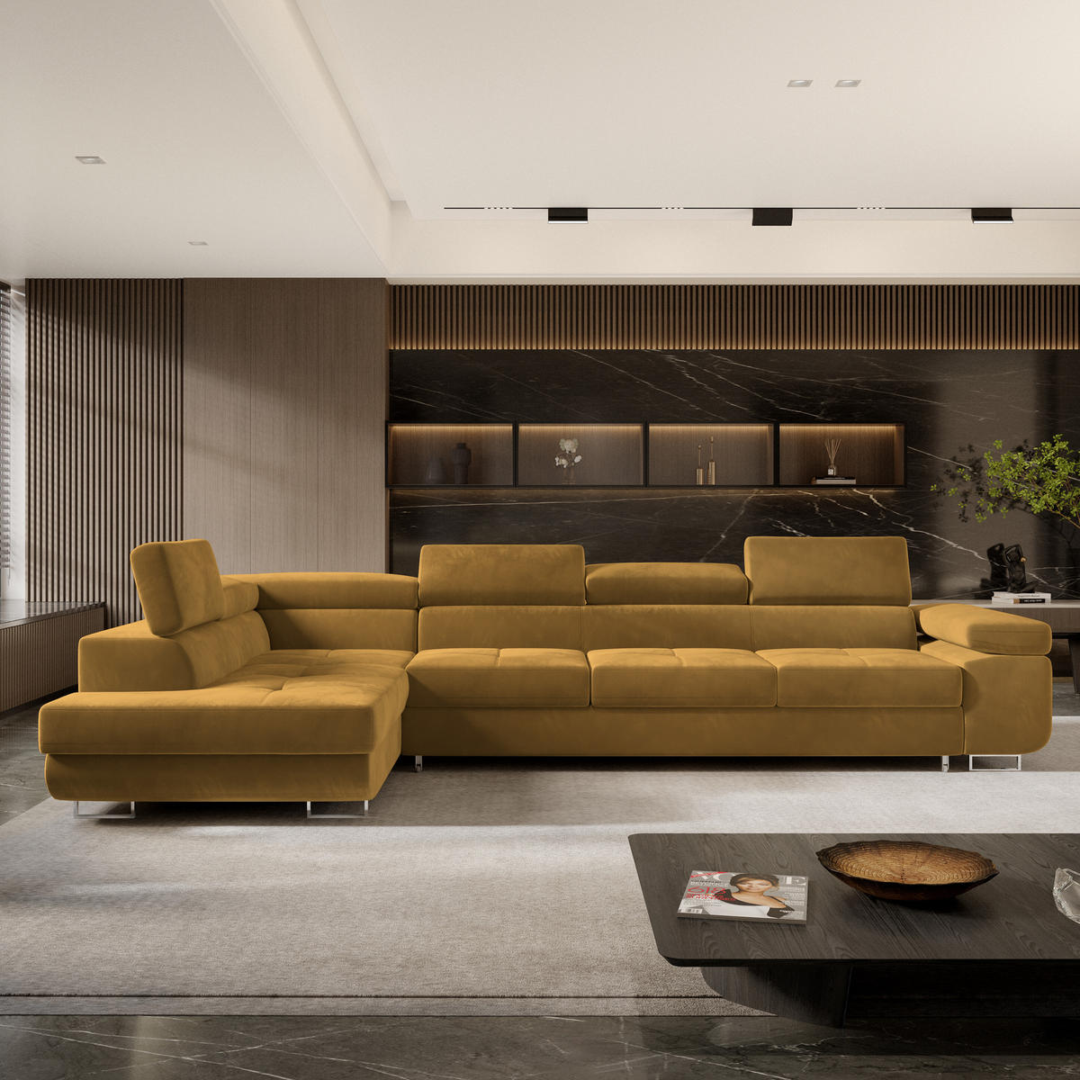 ECKSOFA VICENTE Gelb Velours-Stoff mit Schlaffunktion - Gelb, Holz (346/202cm) - MASSENO