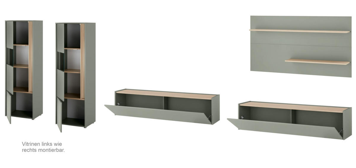 WOHNWAND Salbei grün, Eiche Barista, Wohnkombination Set 5-teilig mit XXL-TV-Schrank 440 cm - Salbeigrün/Eichefarben, Glas/Holzwerkstoff (440/180/40cm) - Furn.Design
