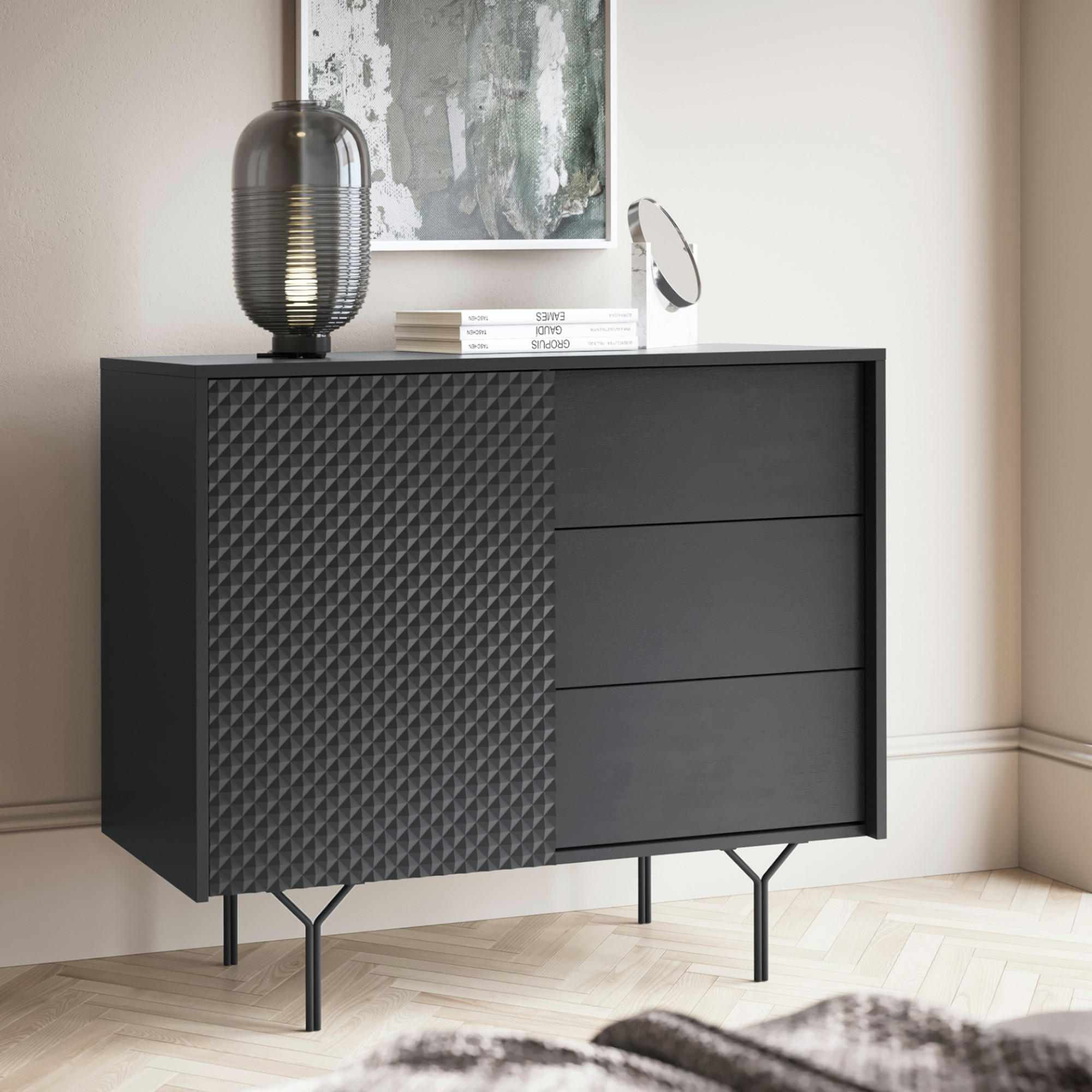 SIDEBOARD ORILLIA KOM3-1D3S Fräste Fronten, Schwarz - Schwarz, Holzwerkstoff/Kunststoff (97/83/38cm) - Komodee