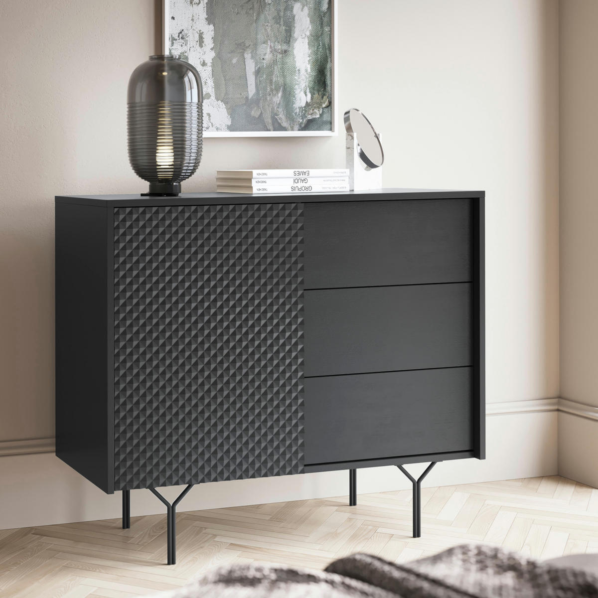SIDEBOARD ORILLIA KOM3-1D3S Fräste Fronten, Schwarz - Schwarz, Holzwerkstoff/Kunststoff (97/83/38cm) - Komodee
