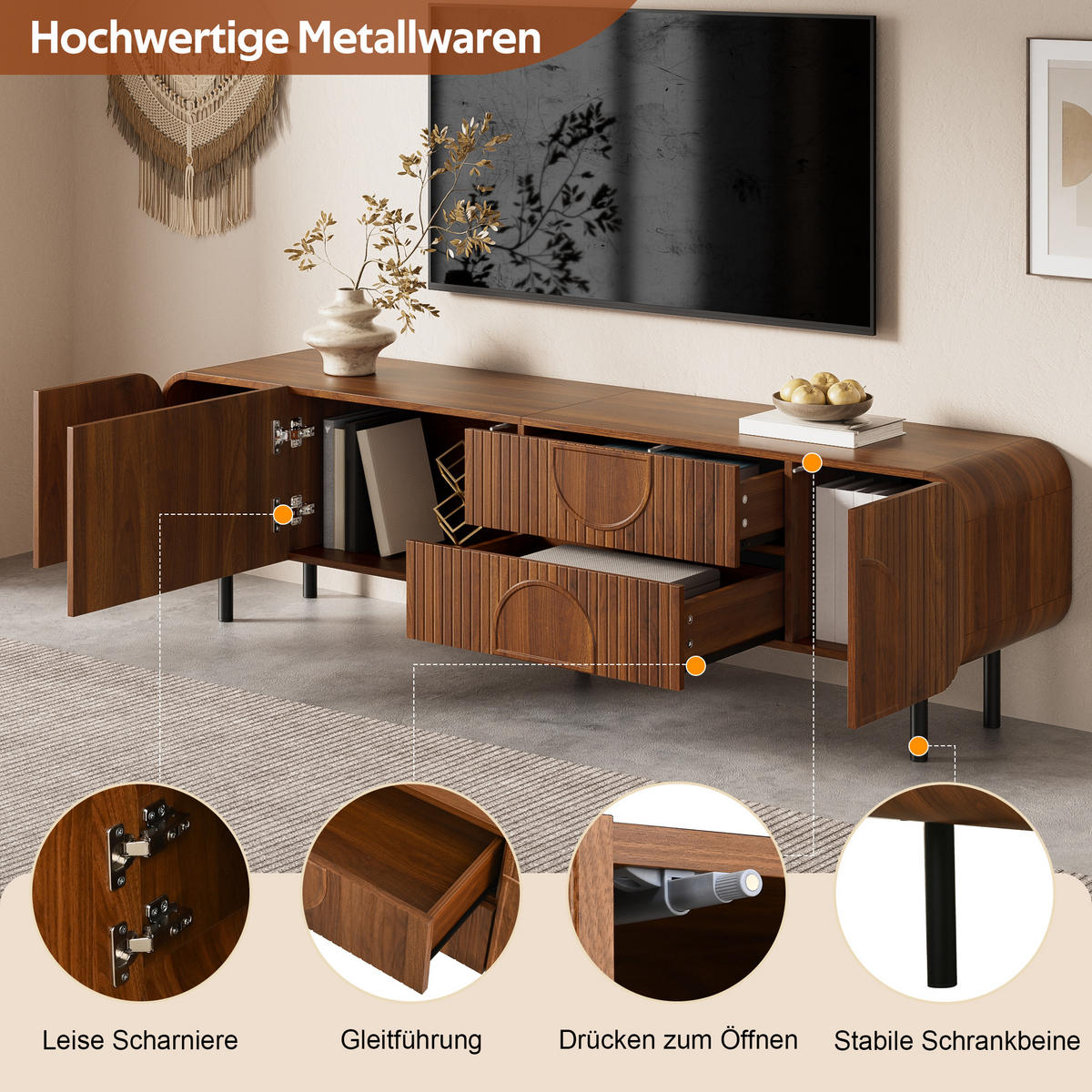TV-SCHRANK Mid Century 3 Türen 2 Schubladen Metallbeine - Walnussfarben, Holzwerkstoff (40/47.5/180cm) - FLIEKS