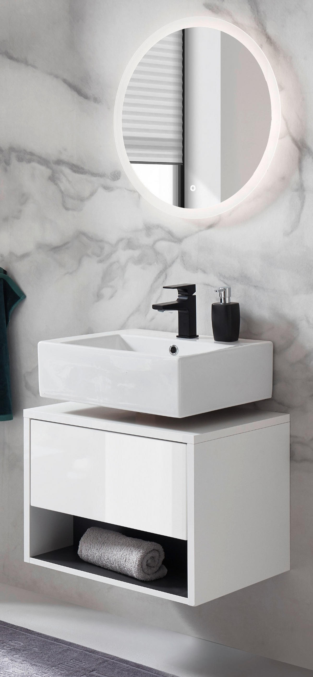 BADMÖBEL Set 2-teilig in weiß Hochglanz und grau mit LED Beleuchtung 60 x 190 cm Glide - Weiß Hochglanz/Grau, Glas/Holzwerkstoff (60/190/46cm) - Furn.Design