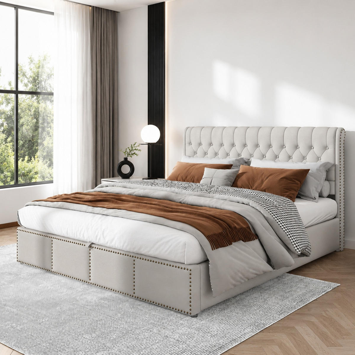 POLSTERBETT 180/200 cm in Grau Leinen mit Bettkasten und Nieten - Hellgrau, Holzwerkstoff/Textil (180/200cm) - CHICFURN