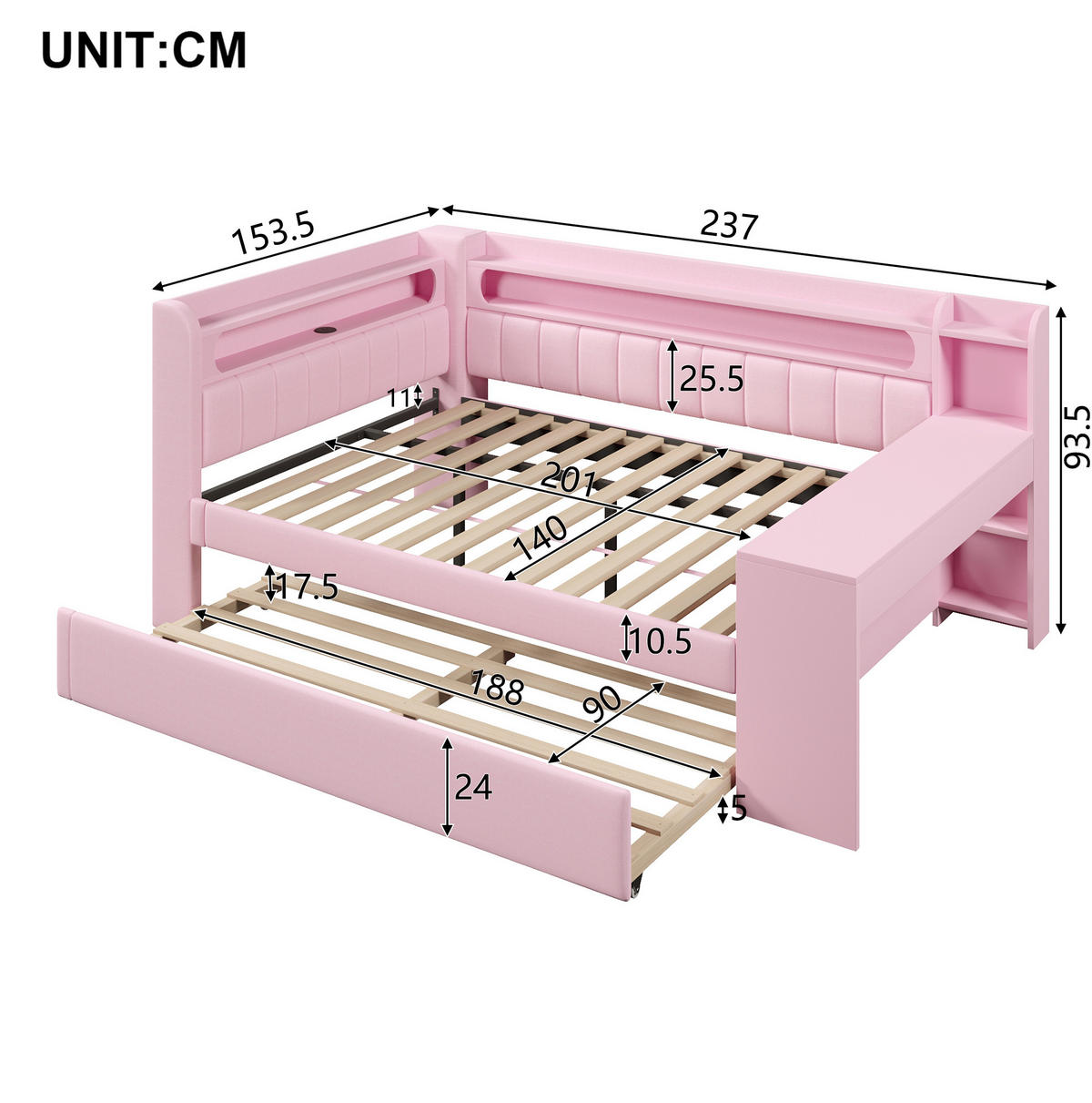 POLSTERBETT 140/200 cm rosa aus MDF mit LED und USB mit Ausziehbett und Schreibtisch - Rosa, Holzwerkstoff (140/200cm) - OKWISH
