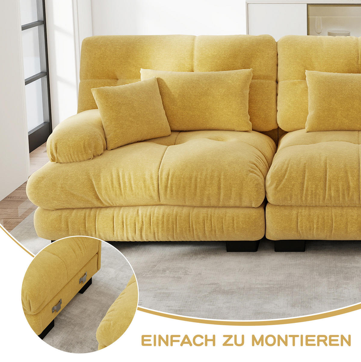 ECKSOFA 313/77/81 cm gmodular gelb aus Chenille mit Tiefensitz und Rundarmlehnen - Gelb, Textil (77/313cm) - OKWISH