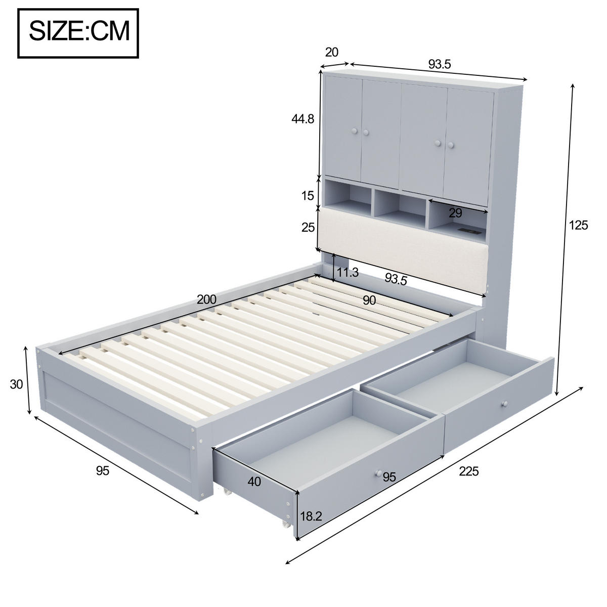 STAURAUMBETT 90/200 cm mit Stauraum, LED und 2 Schubladen, DE-41627, in Grau - Grau, Holzwerkstoff (90/200cm) - ComfortXL