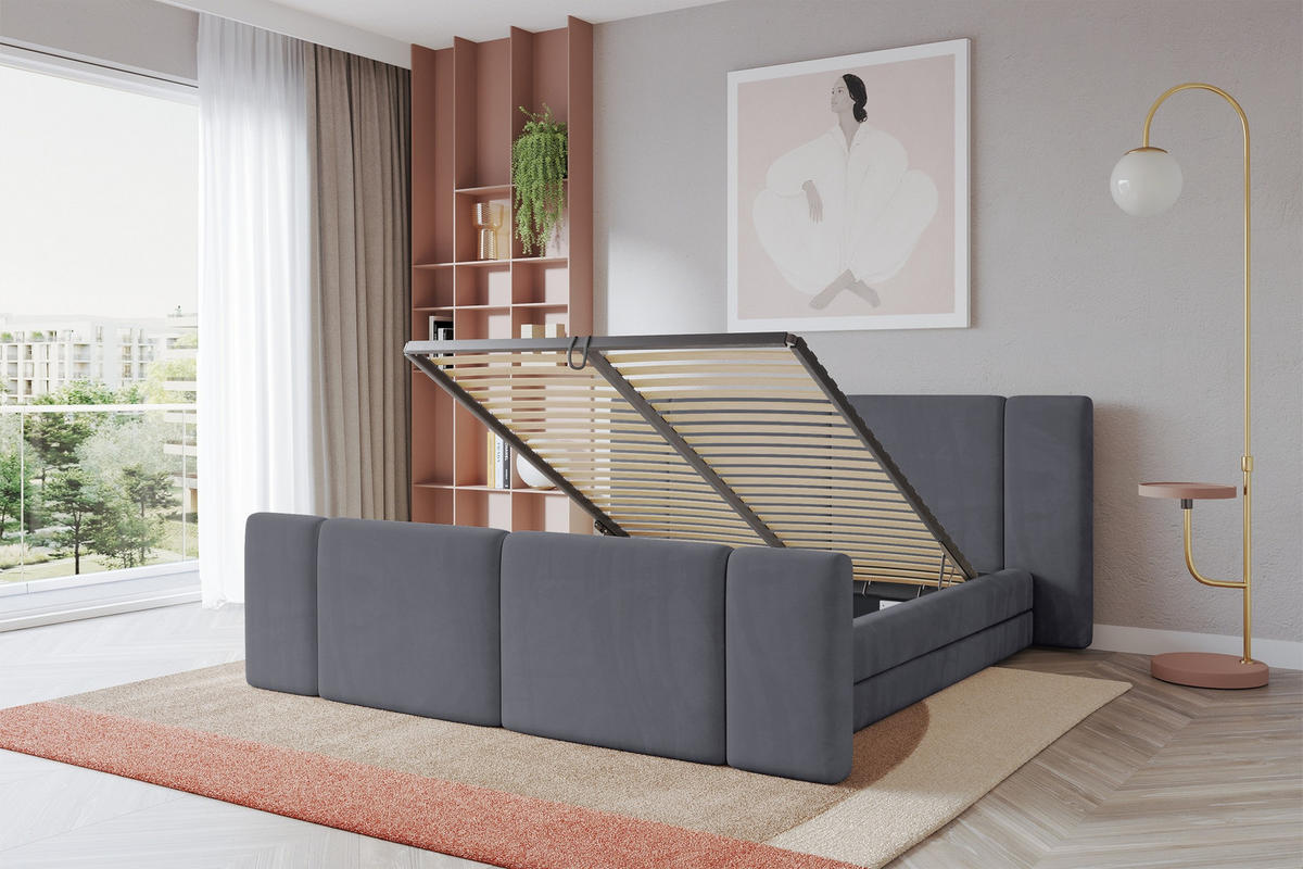 POLSTERBETT mit Bettkasten, Fußteil und Lattenrost, Bett mit Matratze H3/H4 - TEVO-Z 180x200 Dunkelgrau - Dunkelgrau, Holzwerkstoff/Textil (180/200cm) - ALTDECOR