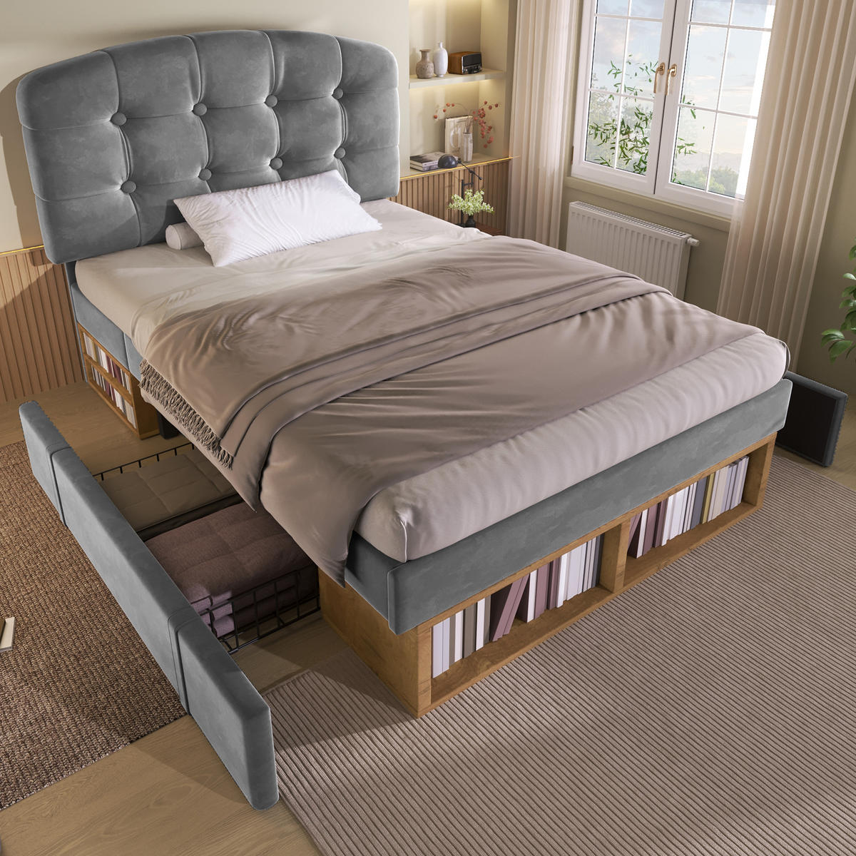 POLSTERBETT 90/200 cm Grau mit 2 Schubladen und Stauraum - Grau, Textil (90/200cm) - Oxeza