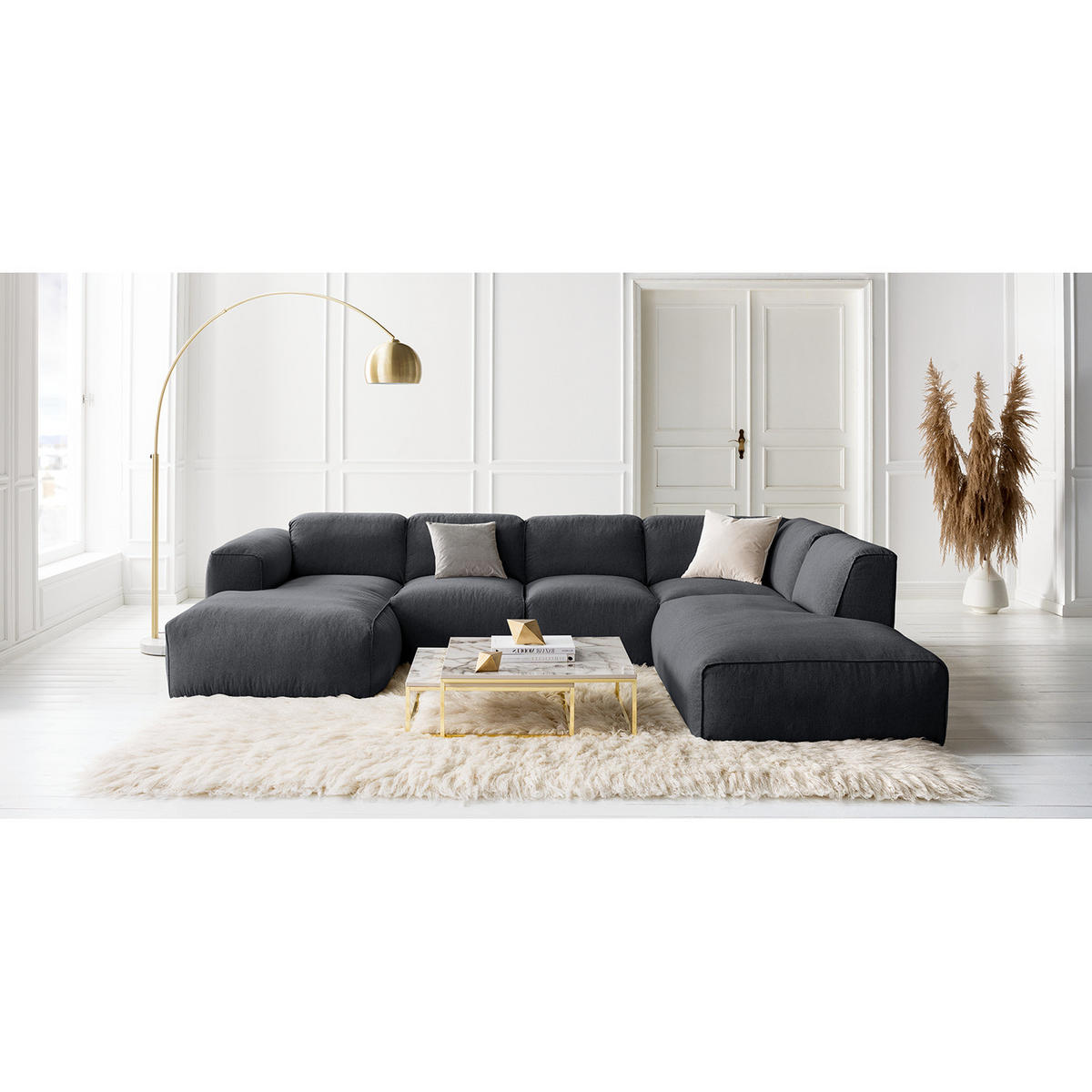 WOHNLANDSCHAFT mit Longchair - Schwarz/Grau, Textil (325/71/235cm) - home24