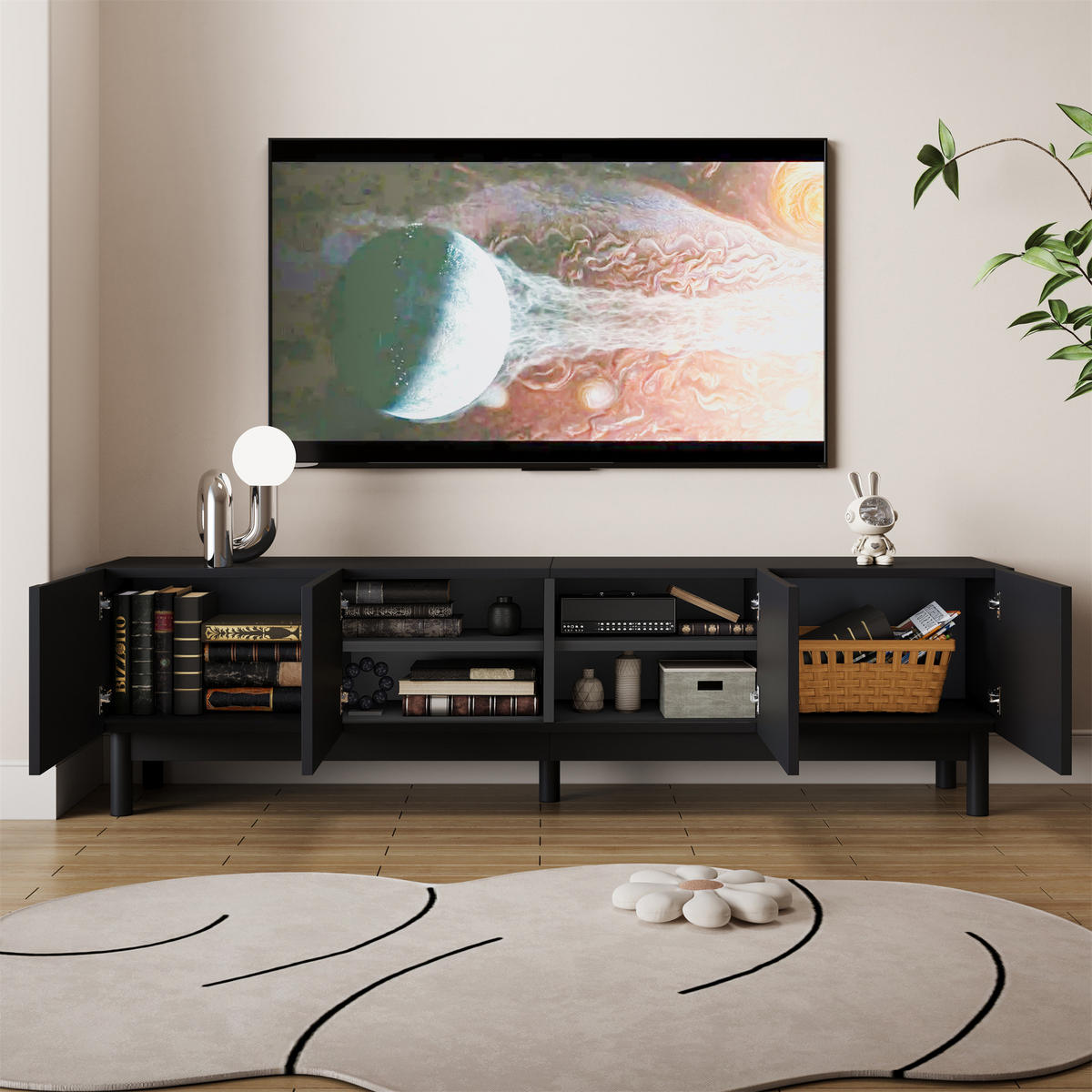TV-LOWBOARD Wellen Türen Stauraum - Schwarz, Holz (169/45.5/35cm) - Fortuna Lai