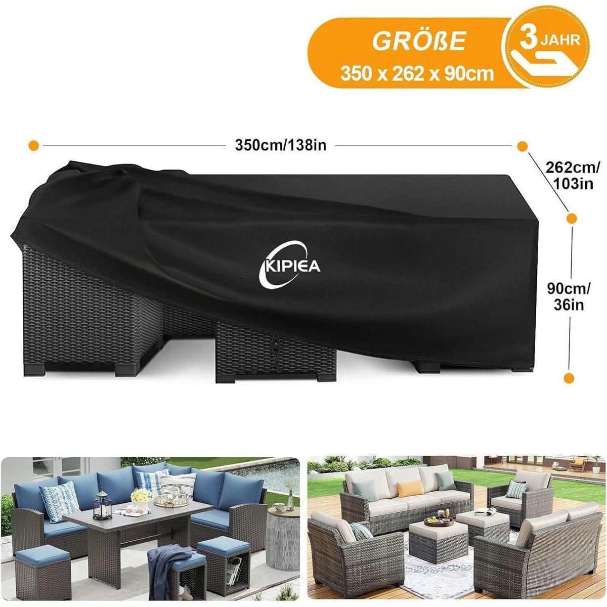 GARTENMÖBEL Abdeckung 350 x 262 x 90 cm Wasserdicht & UV-Beständig - Schwarz, Textil (262/90/350cm)