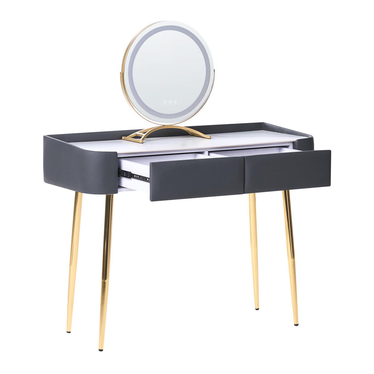 SCHMINKTISCH mit rundem LED-Spiegel Hocker 2 Schubladen grau/gold Surin - Goldfarben/Weiß, Holzwerkstoff (100/133/41cm) - Beliani