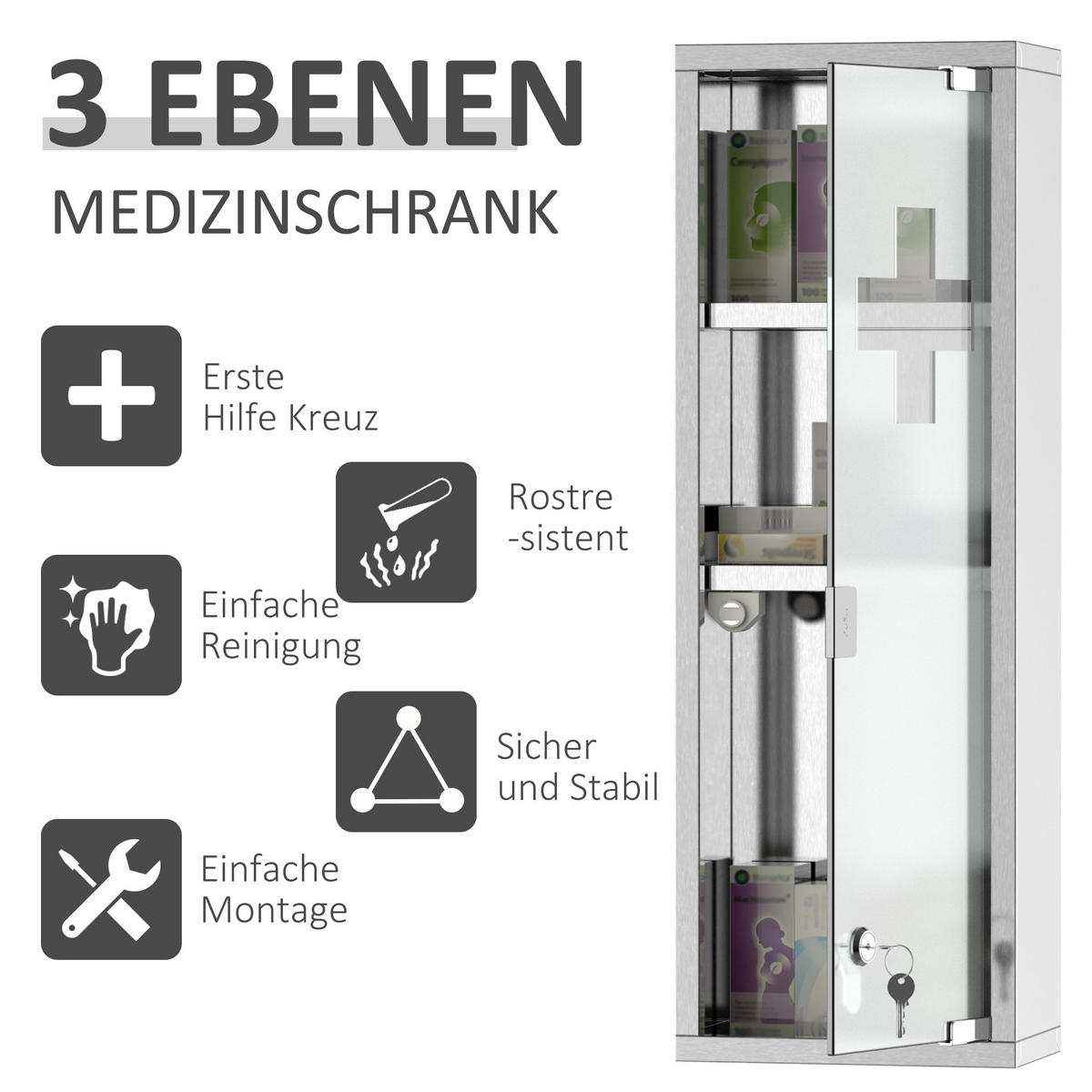 MEDIZINSCHRANK, Mattglas, 430 Edelstahl+gehärtete Glastür, Silber - Silberfarben, Glas (12/58/20cm) - Kleankin