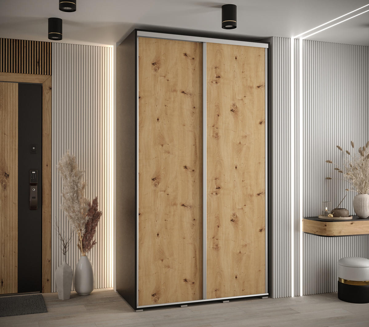 SCHWEBETÜRENSCHRANK 235,2/130/45 2-türig - Silberfarben/Schwarz, Holz/Metall (130/235/45cm) - Abiks Möbel