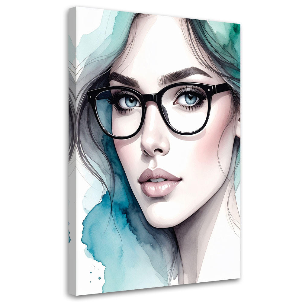 LEINWANDBILD Porträt einer Frau mit Brille 80x120cm - Türkis, Textil (80/120cm) - Feeby